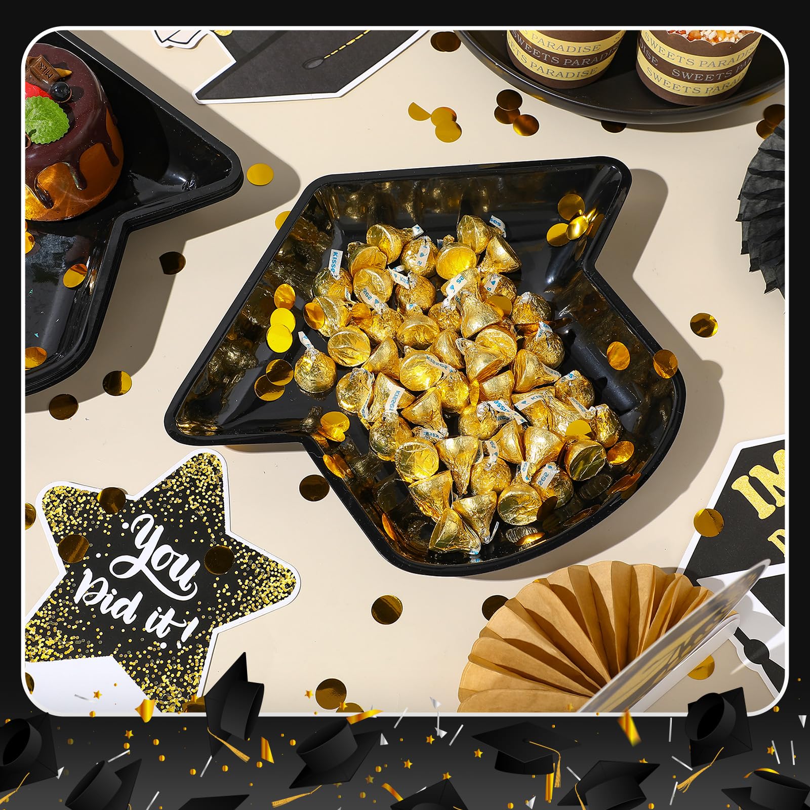24-Pack Graduation Party Plates - Black Grad Hat Shaped Disposable Plates (11.6
