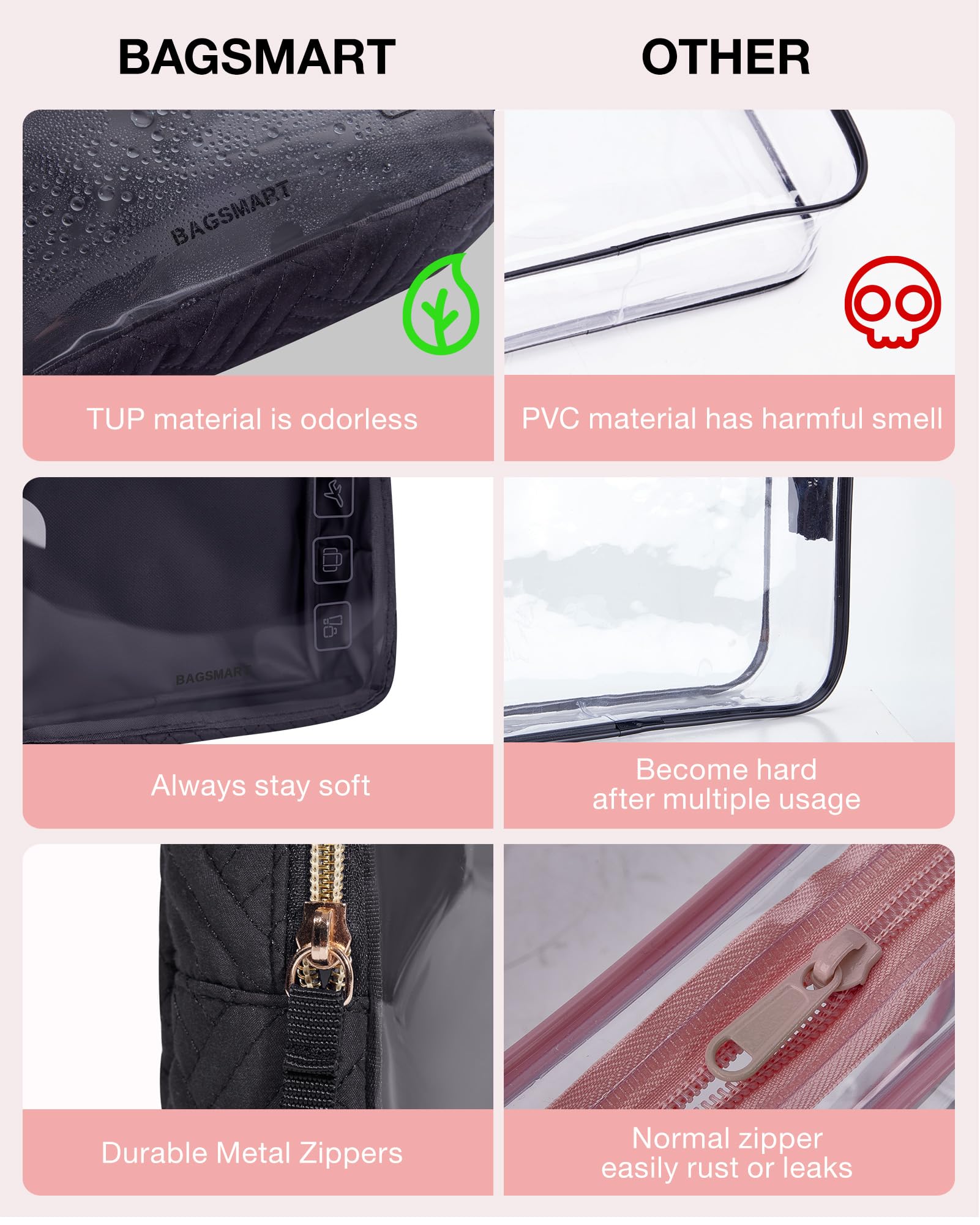 BAGSMART 2-Pack TSA Approved Toiletry Bag, Clear Quart Size Travel Organizer for Makeup & Essentials - Perfect for Carry-on & Air Travel
