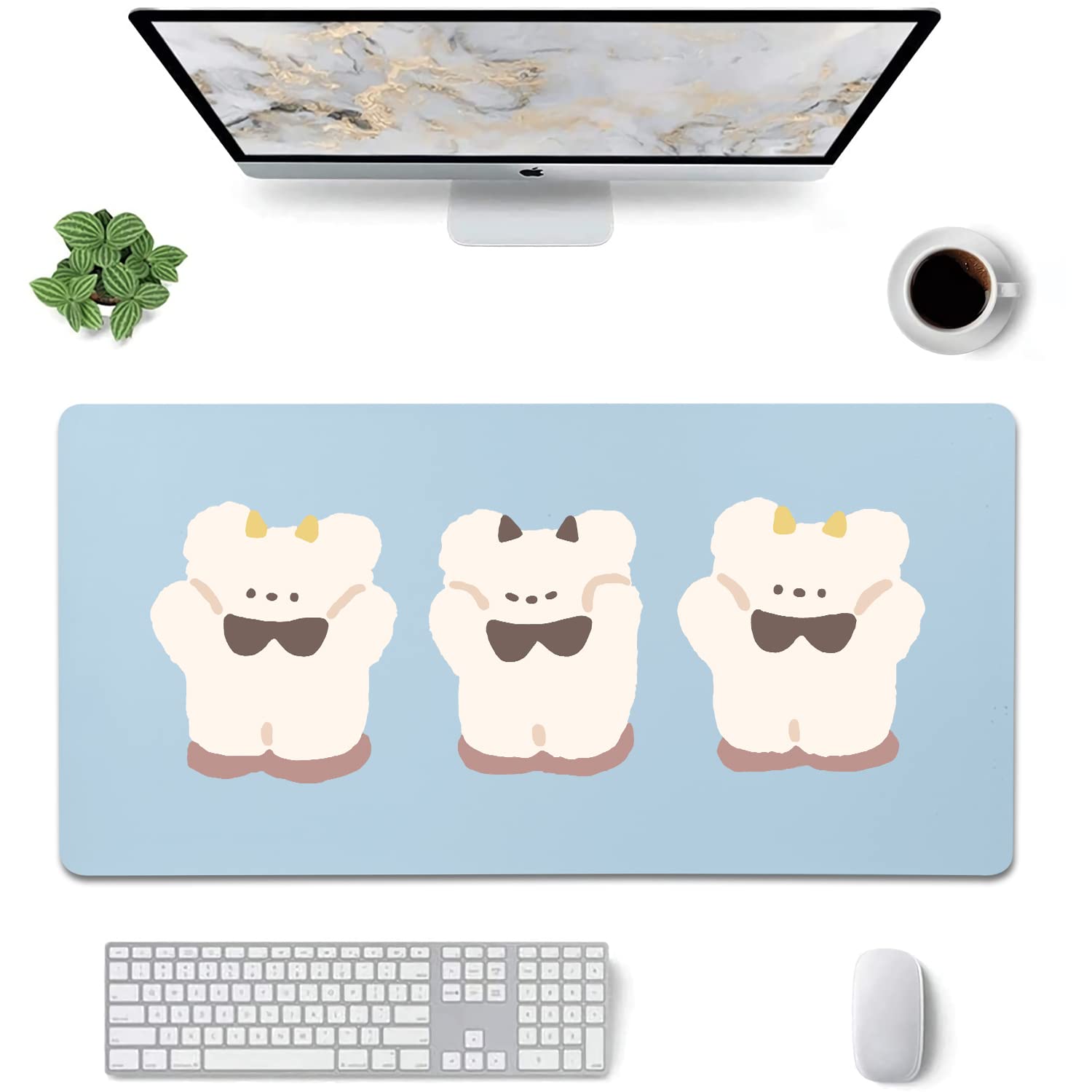 Adorable Three White Baby Bears Pattern Desk Mat & Mouse Pad - Blue Non-Slip Office Desk Mat for Writing, Work & Gaming - Large 31.5