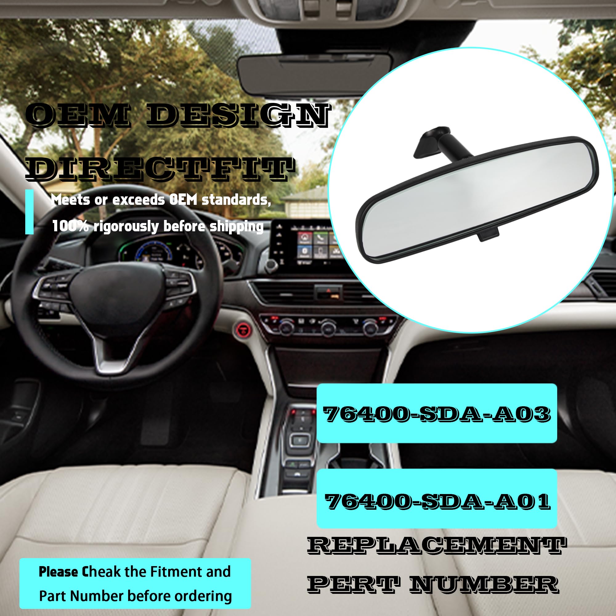 Honda Car Rear View Mirror Replacement - Compatible with 1998-2013 Accord, 2006-2011 Civic, 2000-2004 Odyssey, 2002-2008 Pilot, 2010-2014 CR-Z & Insight - Day/Night Auto Mirror (Replaces OEM 76400-SDA-A03) - Perfect for Parking, Reversing & Night Driving Safety
