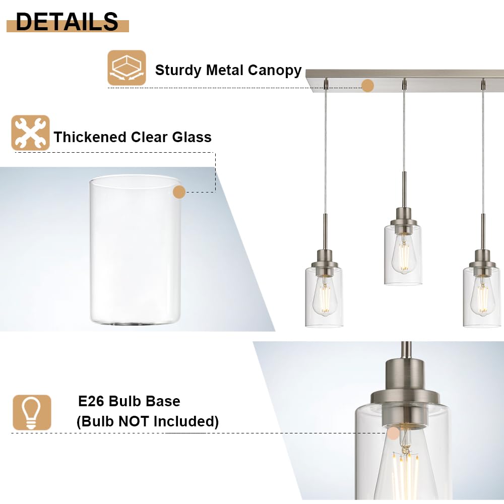 6-Light Brushed Nickel Pendant Lighting for Kitchen Island - Adjustable Hanging Wire & Clear Glass Shades - Perfect for Dining Room, Bar Counter, and Modern Kitchen Decor