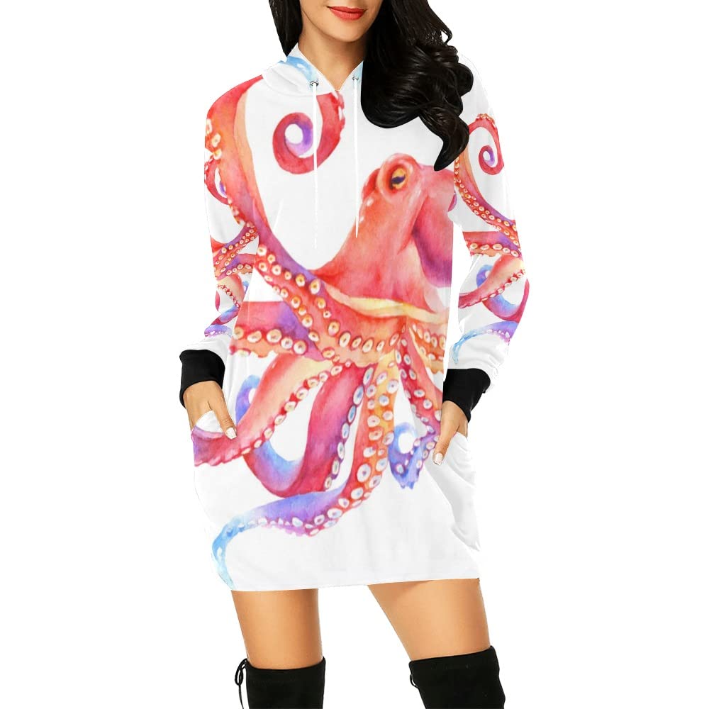 Pink Roses Floral Print Women's Long Sleeve Hoodie Dress - Drawstring Tunic Sweatshirt Pullover with Hood - Casual Outfit for Spring, Date Night & Streetwear Fashion