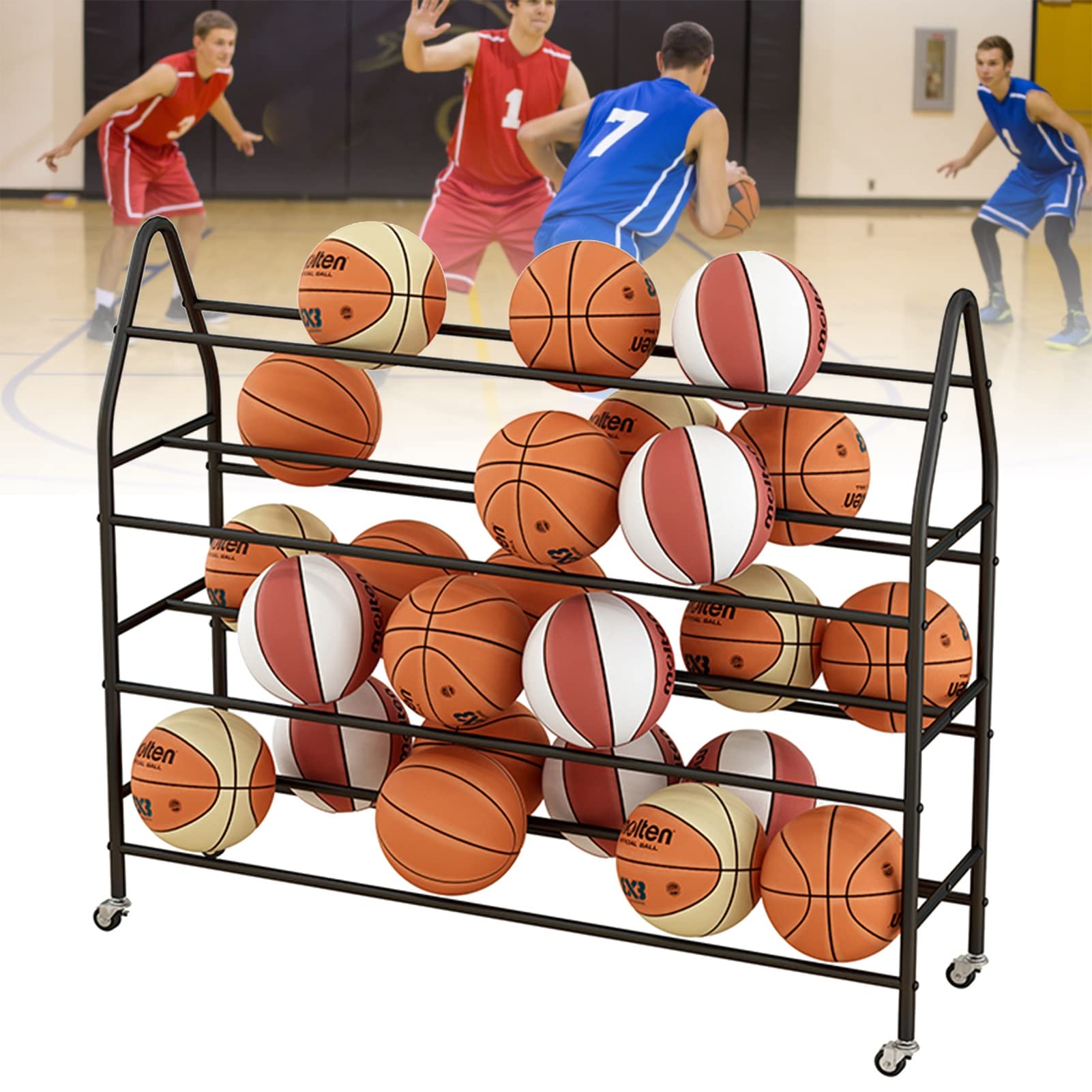 HengYUN Rolling Basketball Rack - 4-Layer Sports Ball Organizer for Basketball, Football, Volleyball - Perfect for Gym & Home Training