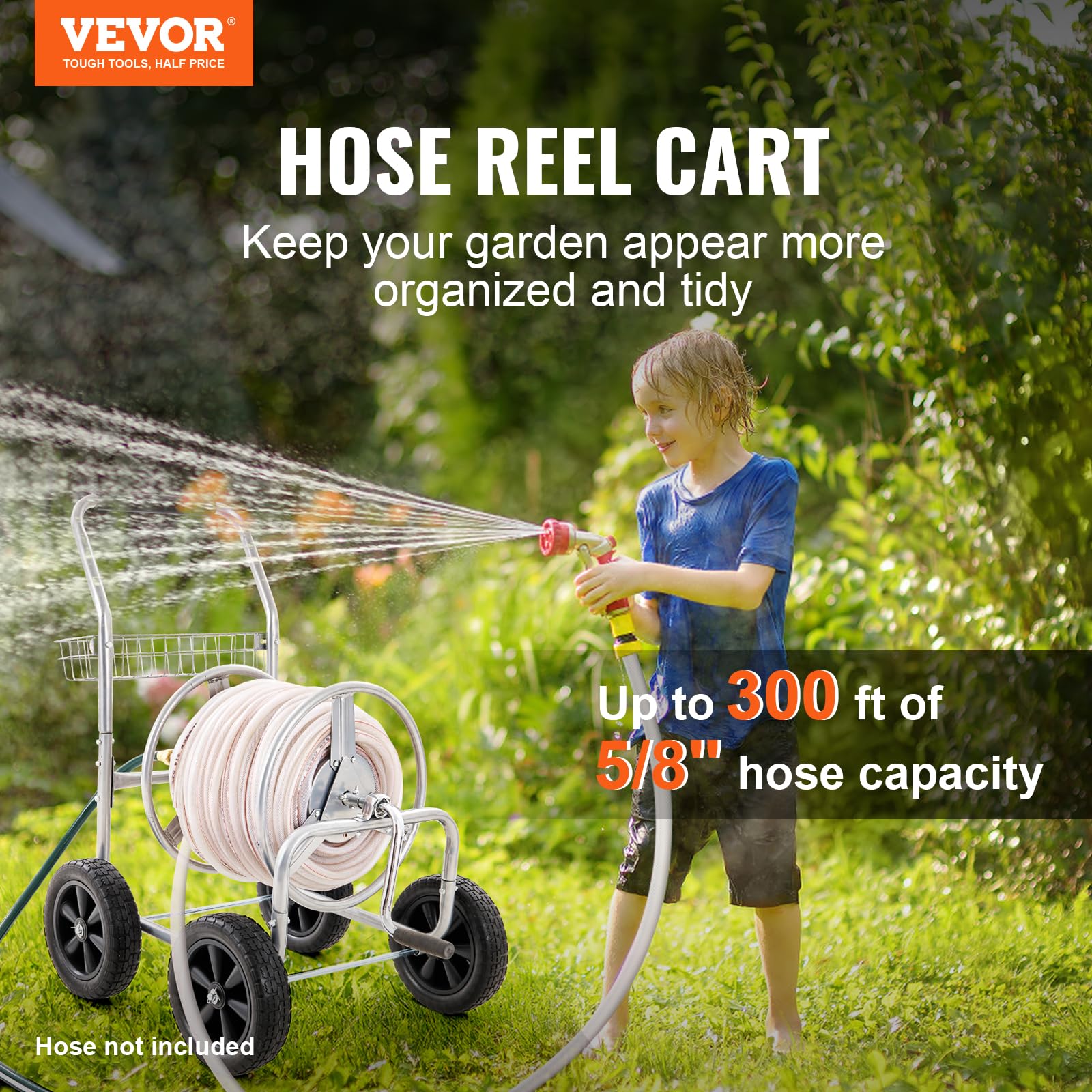 VEVOR Heavy Duty 300 ft Hose Reel Cart with 4 Wheels & Storage Basket - 5/8