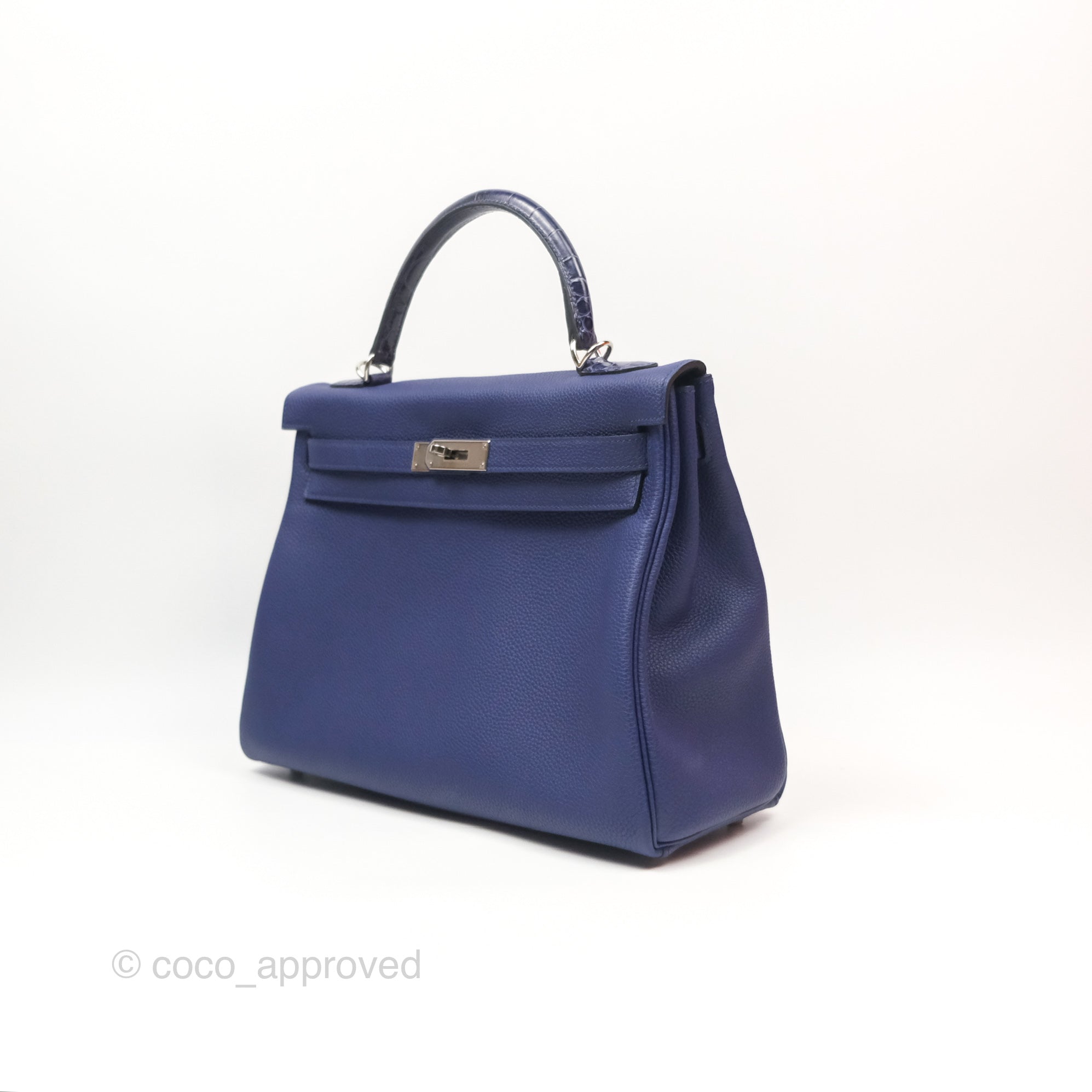 Authentic Hermès Kelly 32 Retourne Touch Bleu Encre Crocodile Leather Bag with Palladium Hardware - Luxury Handbag for Women, Perfect for Office, Dinner Parties & Special Occasions