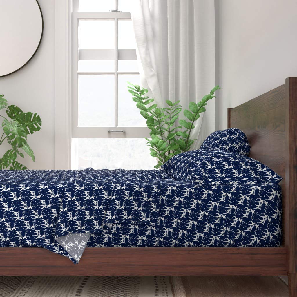 Premium 100% Cotton Twin Sheet Set (3-Piece) - Snow Deer Navy Christmas Blue Holiday Winter Midcentury Modern Print Custom Bedding | Soft & Breathable for Cozy Winter Nights & Festive Home Decor