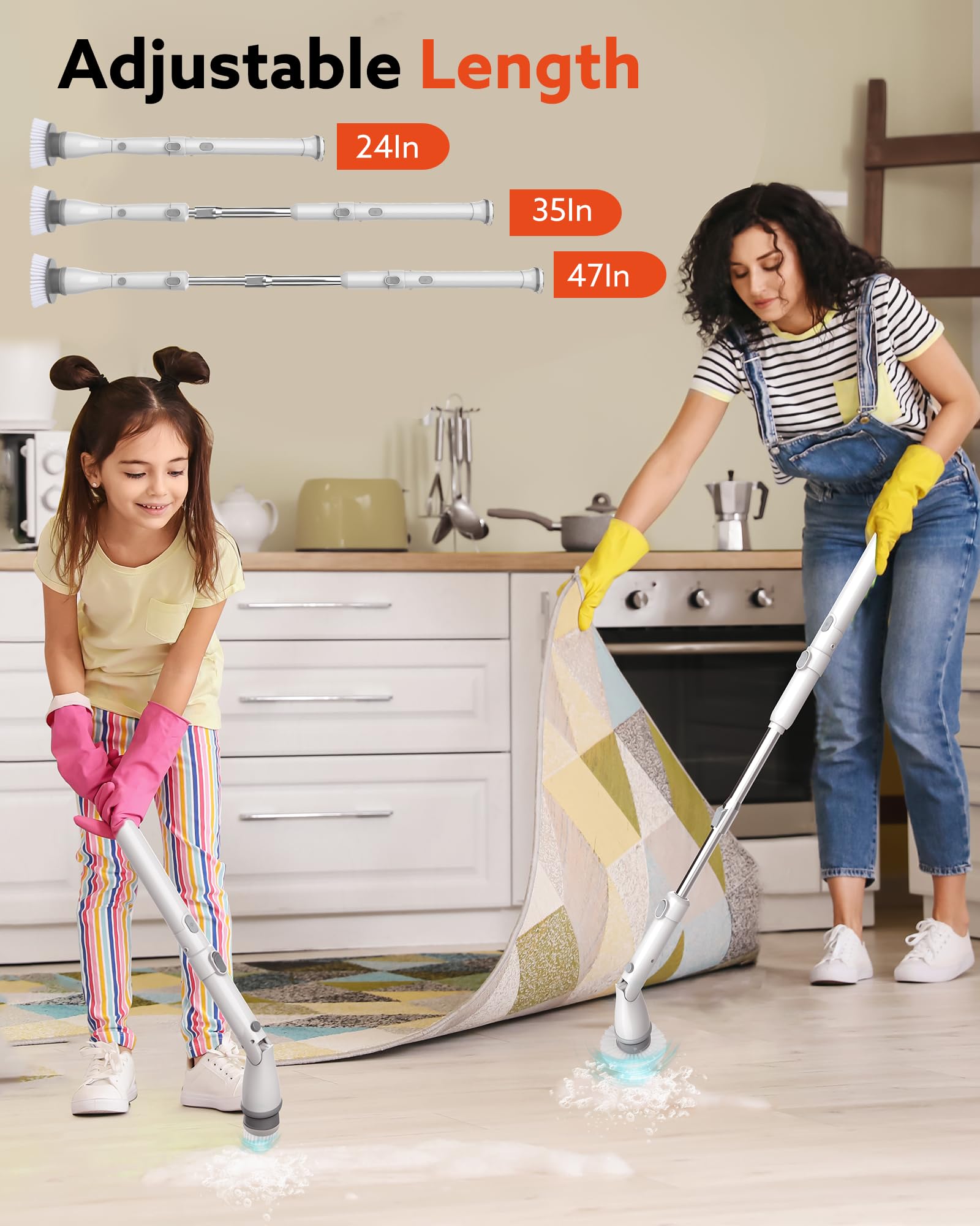 Electric Spin Scrubber Cordless - 1.5H Battery Life with 4 Replacement Heads & Long Handle for Bathroom, Shower, Tub, Tile, Grout & Floor Cleaning - Perfect for Deep Cleaning Hard-to-Reach Areas (White)