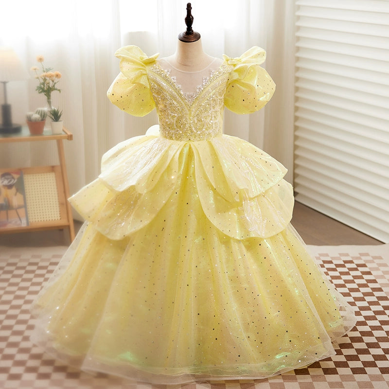 Yellow Princess Round Floor Length Organza Flower Girl Dress for Weddings, Baptisms & Special Occasions - Elegant & Comfortable Kids Formal Wear