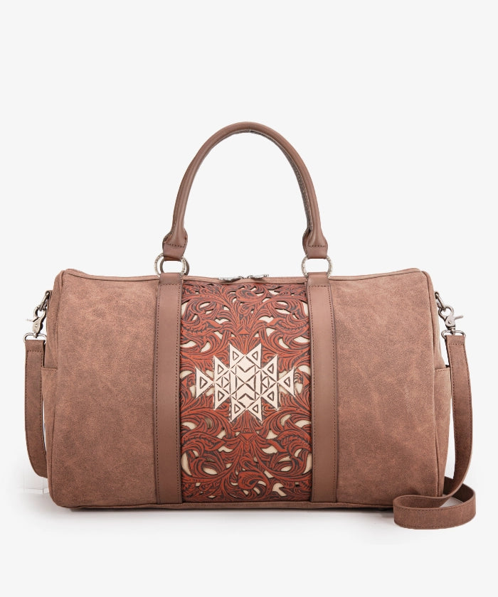 Trinity Ranch Aztec Tooled Leather Weekender Bag - Stylish Travel Duffel for Women & Men - Perfect for Weekend Getaways, Gym, Work & Overnight Trips