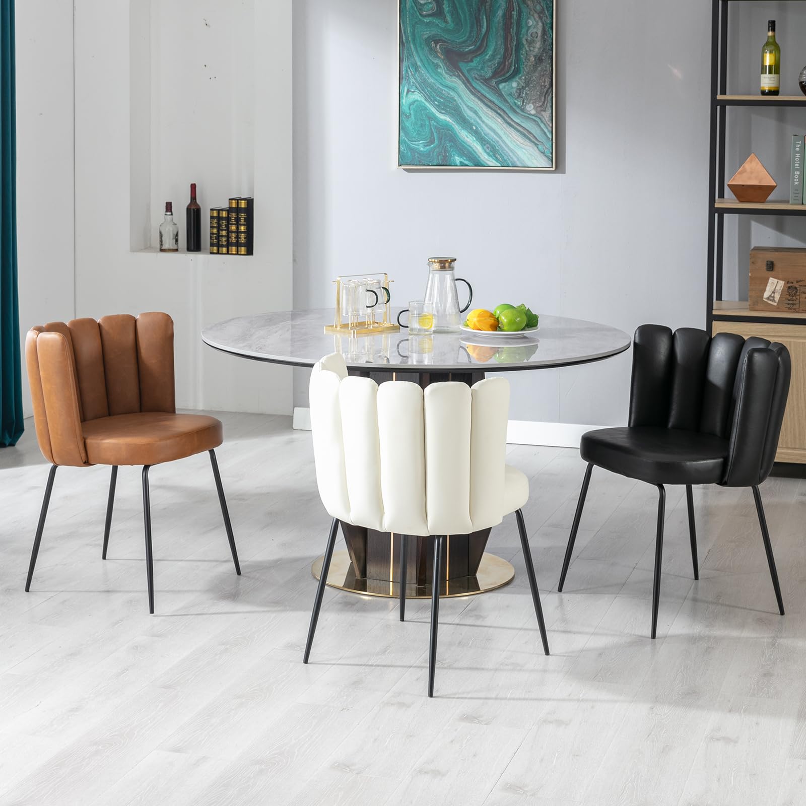 2 Pack Faux Leather Dining Chairs Set - Modern Accent Chairs with Petal Back Design & Sturdy Black Metal Legs, Comfortable Upholstered Side Chairs for Kitchen, Living Room, Restaurant or Office - Brown Leather-Like Seating Solution for Home & Commercial Spaces