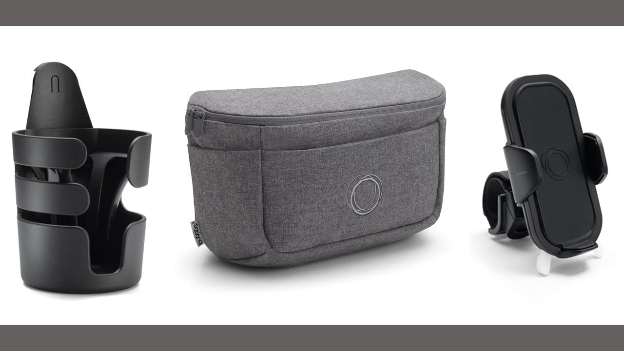 Bugaboo Stroller Accessories Set - Cup Holder, Phone Holder & Grey Mélange Organizer for Bee 6, Fox 3, Donkey 5, Lynx - Perfect for Parents On-The-Go, Park Walks & Coffee Runs