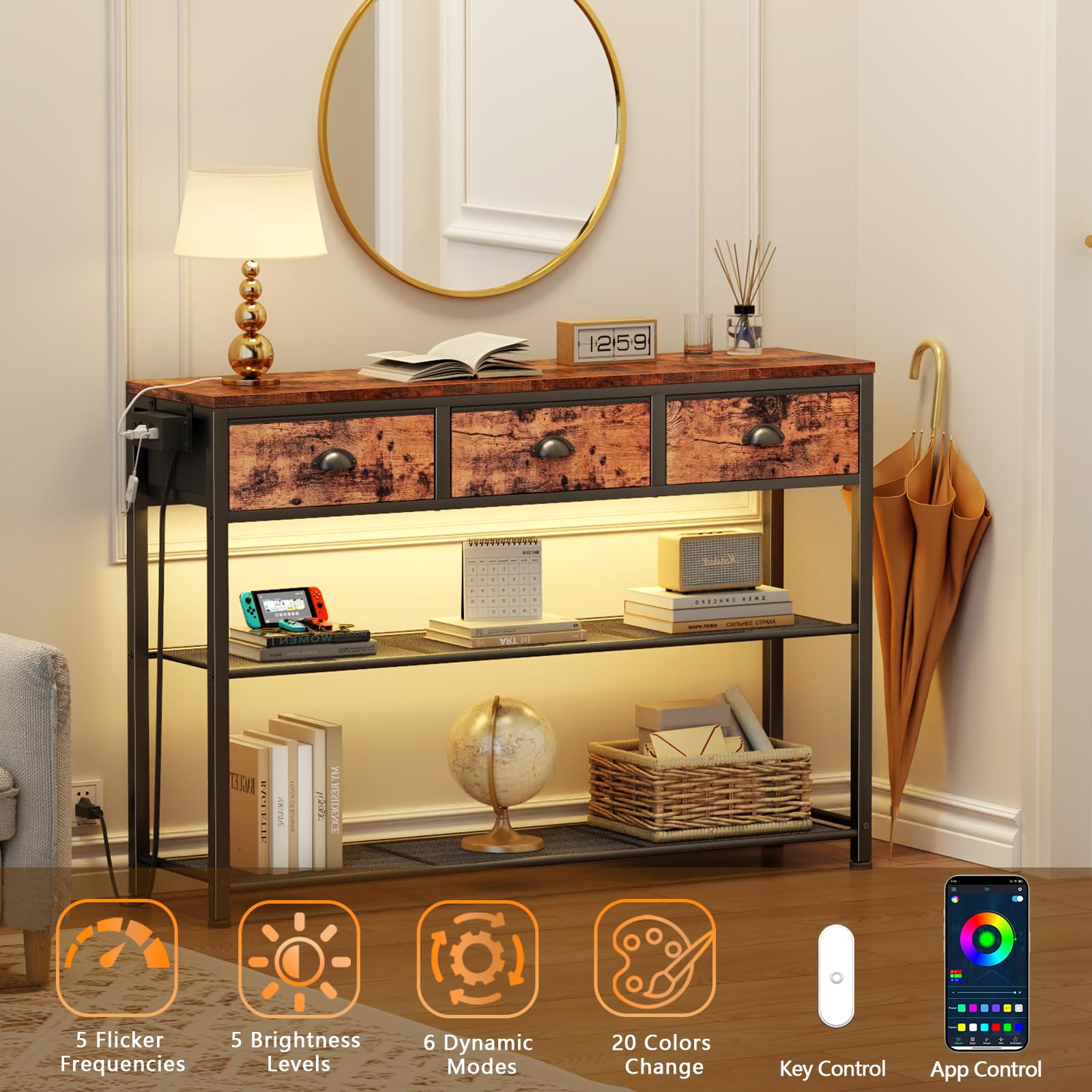 Industrial Console Table with Charging Station & LED Light - 38