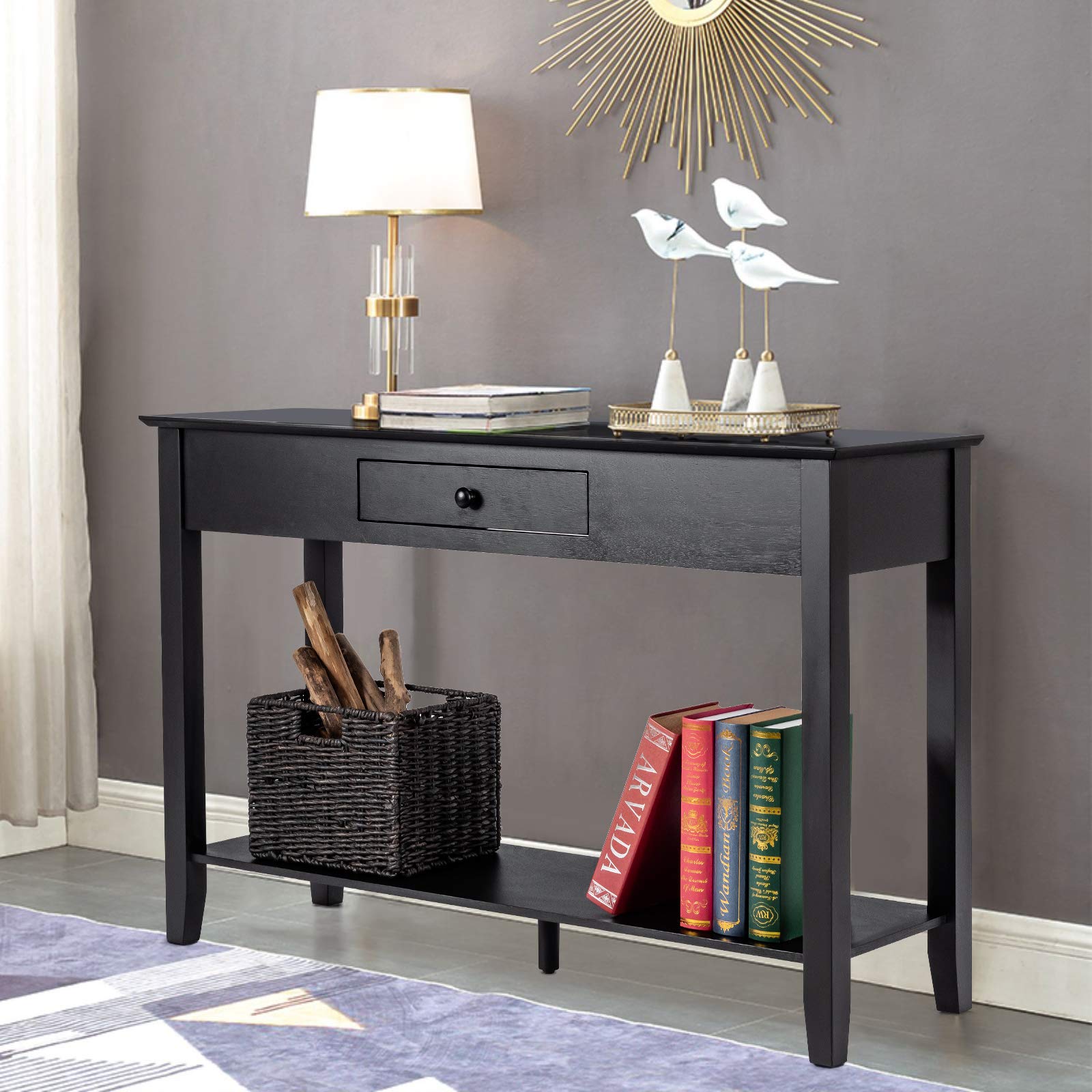 Giantex 2-Tier Wooden Console Table with Drawer & Storage Shelf - Entryway Sofa Table for Hallway, Living Room, Bedroom - Multifunctional Display Platform (Black) | Perfect for Small Space Organization & Home Decor