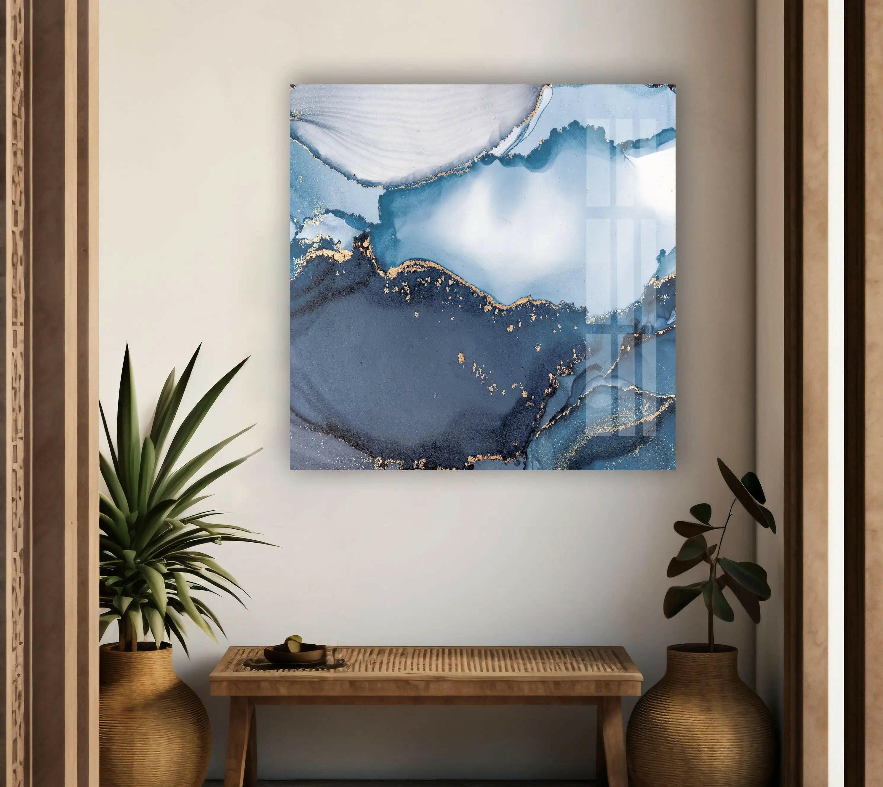 Blue Marble Ink Abstract Glass Wall Art - Modern Home Decor for Living Room, Bedroom & Office - Unique Handmade Glass Painting for Interior Design