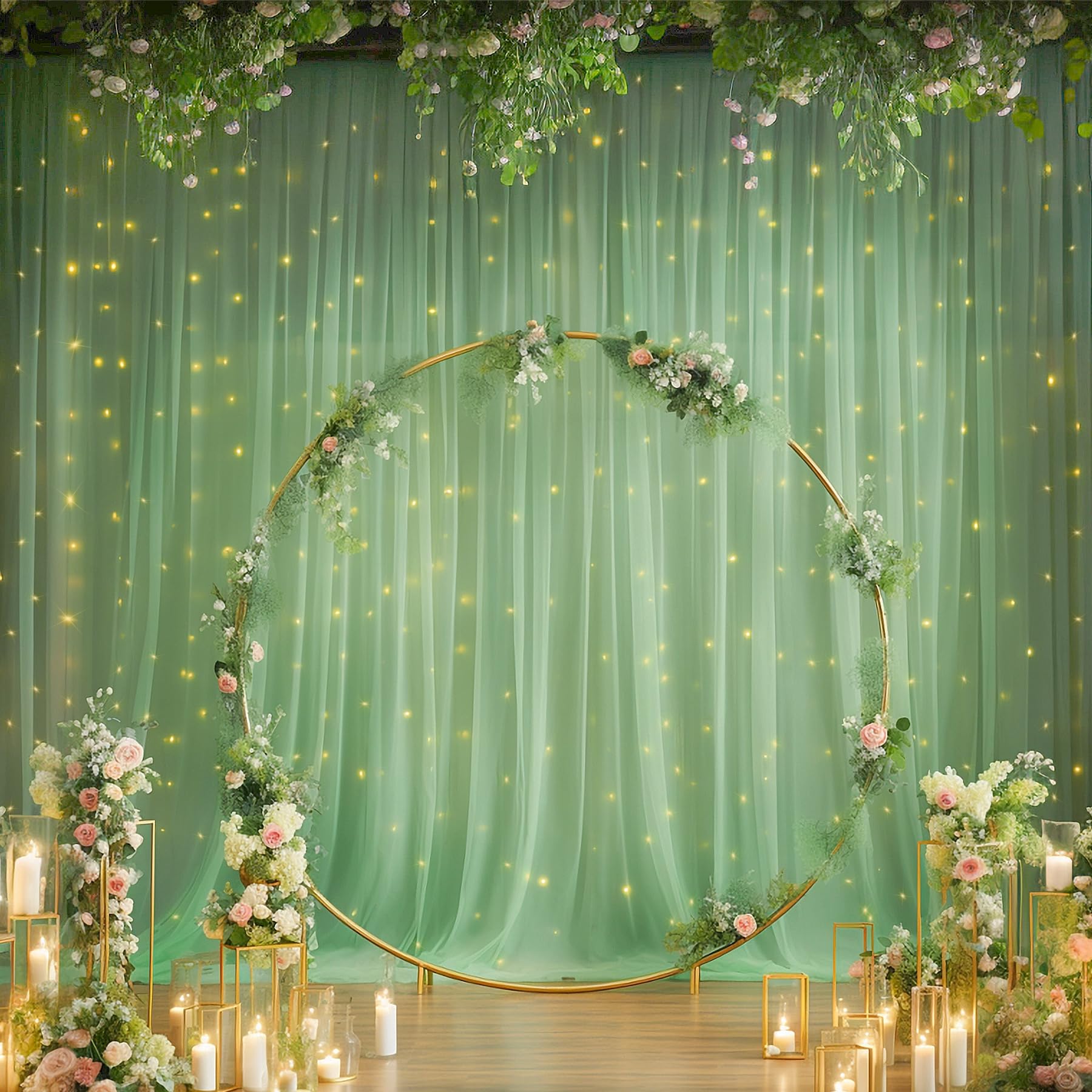 10×10ft Green Tulle Backdrop Curtain with Fairy Lights - Sheer Wedding Party Decor, Photo Booth Background, Birthday Celebration Drapes for Home & Event Decorations