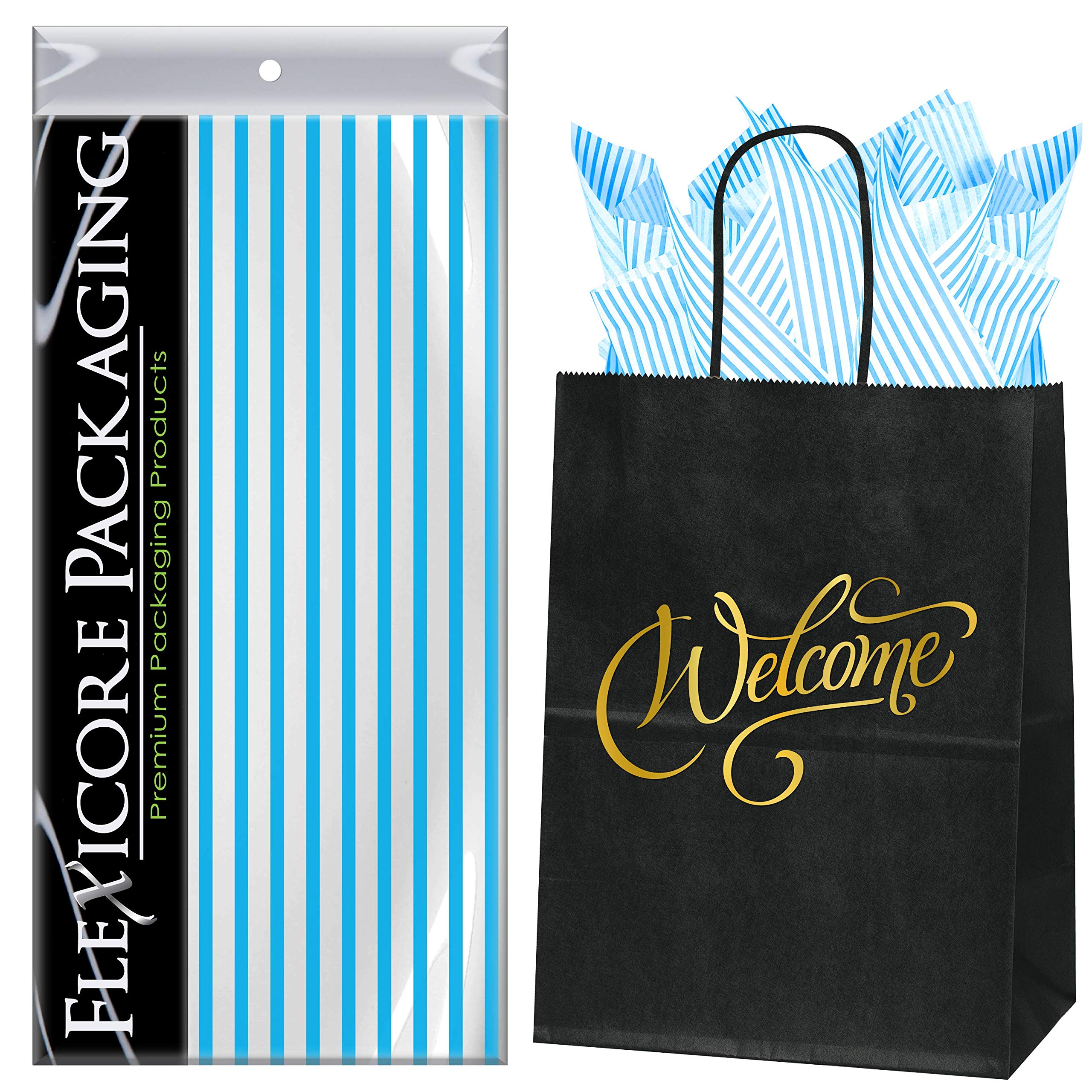 Premium Black Kraft Paper Welcome Bags with Turquoise Gift Wrap Tissue Paper - 8