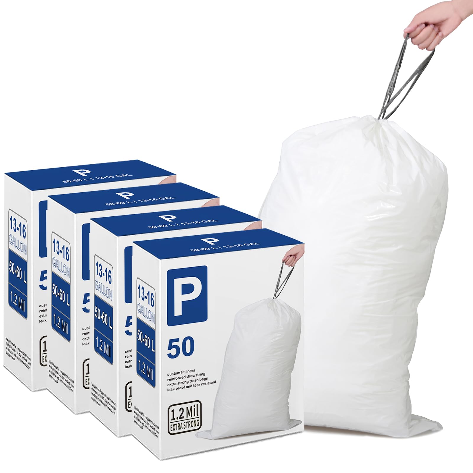 **4 Pack (200 Count) Heavy Duty 13-16 Gallon Trash Bags - 1.2 Mil Thick, Reinforced Drawstring, Leak-Proof & Tear Resistant - Compatible with Simplehuman Code P Trash Cans - Perfect for Kitchen, Office & Bathroom Waste Disposal**
