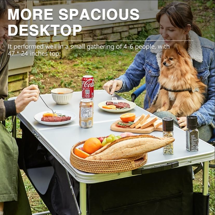 EVER ADVANCED 4ft x 2ft Folding Camping Table with Storage - Adjustable Aluminum Composite Desktop - Portable Outdoor Kitchen Table for Tailgating, Backyard, BBQ, Picnic & Camping - Perfect for Parties, RV Trips & Beach Outings