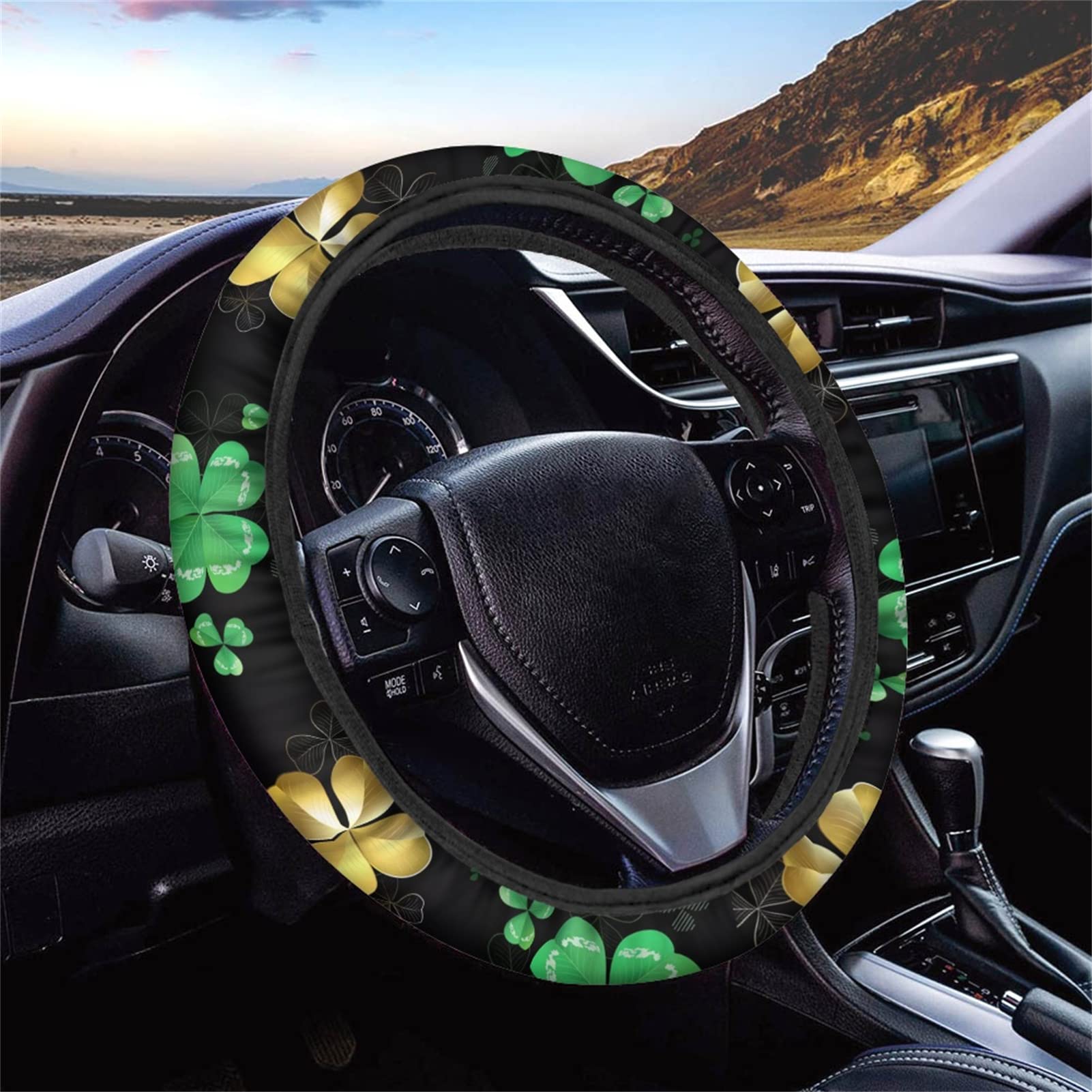 Deeprinter St. Patrick's Day Steering Wheel Cover - Golden Green Lucky Clovers Print, Stretchable Steering Wheel Protector with Sweat Absorption for Cars, Trucks, SUVs - Perfect for Irish Themed Parties, Parades & Holiday Decorations