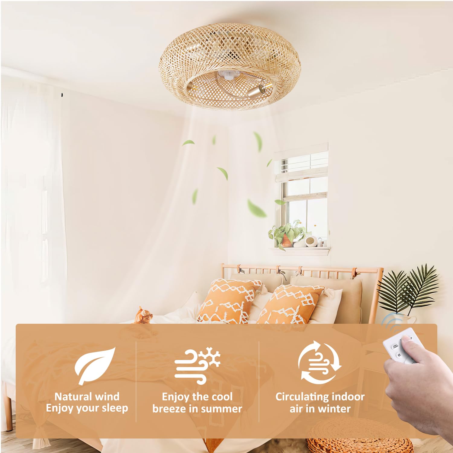 Boho Rattan Ceiling Fan with Lights and Remote Control - 20