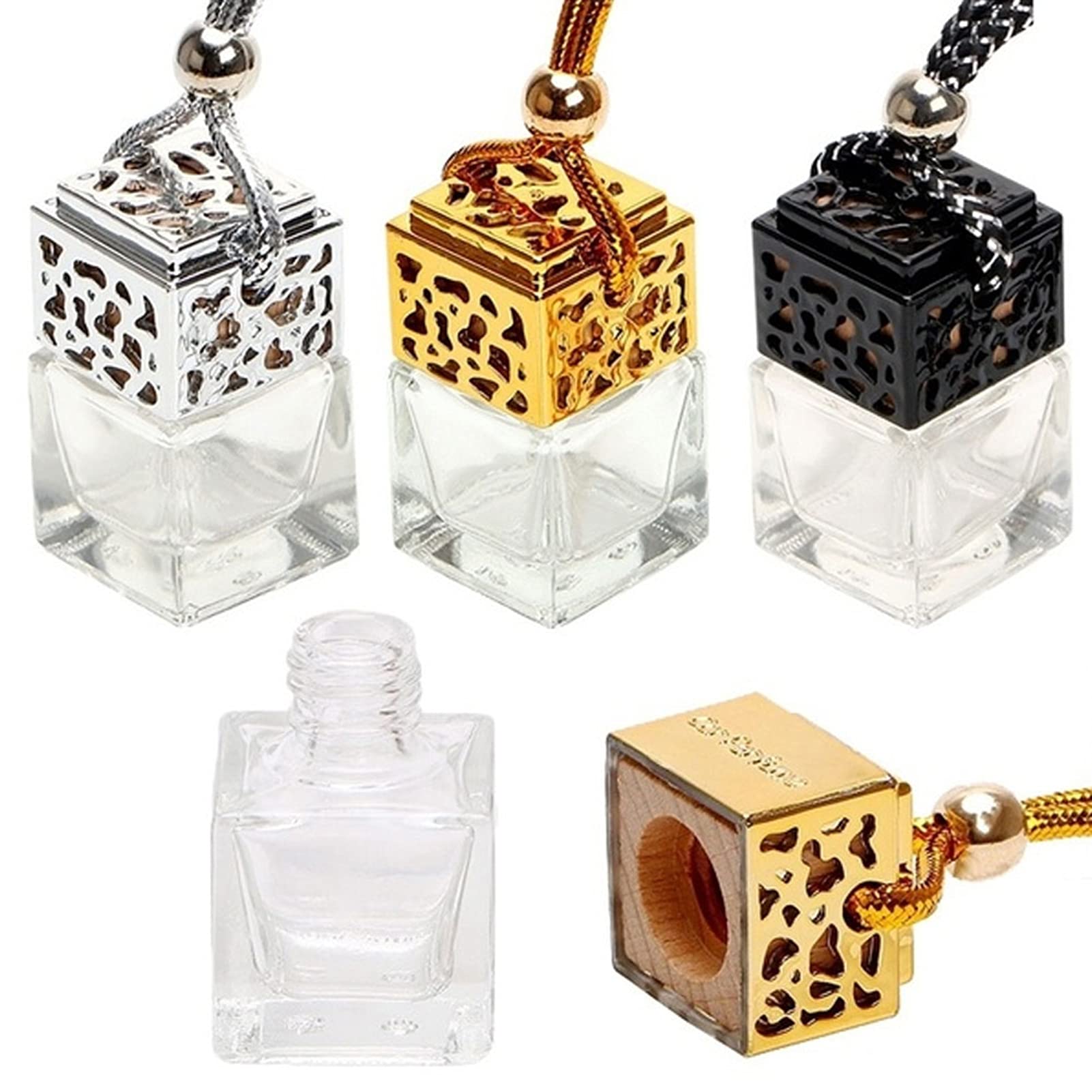 Refillable Glass Car Air Freshener Bottle - Essential Oil Diffuser & Perfume Spray for Vehicles - Black Hanging Air Purifier for Home, Office & Car Interior