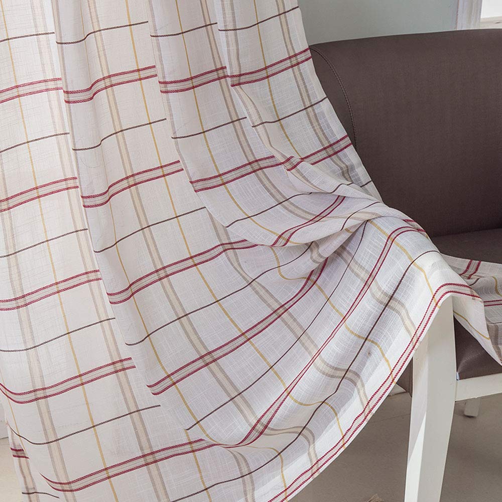 WUBODTI Semi-Sheer Buffalo Plaid Curtains - 2 Panels Faux Linen Geometric Window Drapes in Red Stripes (84 Inch Length, Tan/Brown) | Farmhouse, Living Room & Dining Room Window Treatments for Cozy Home Decor