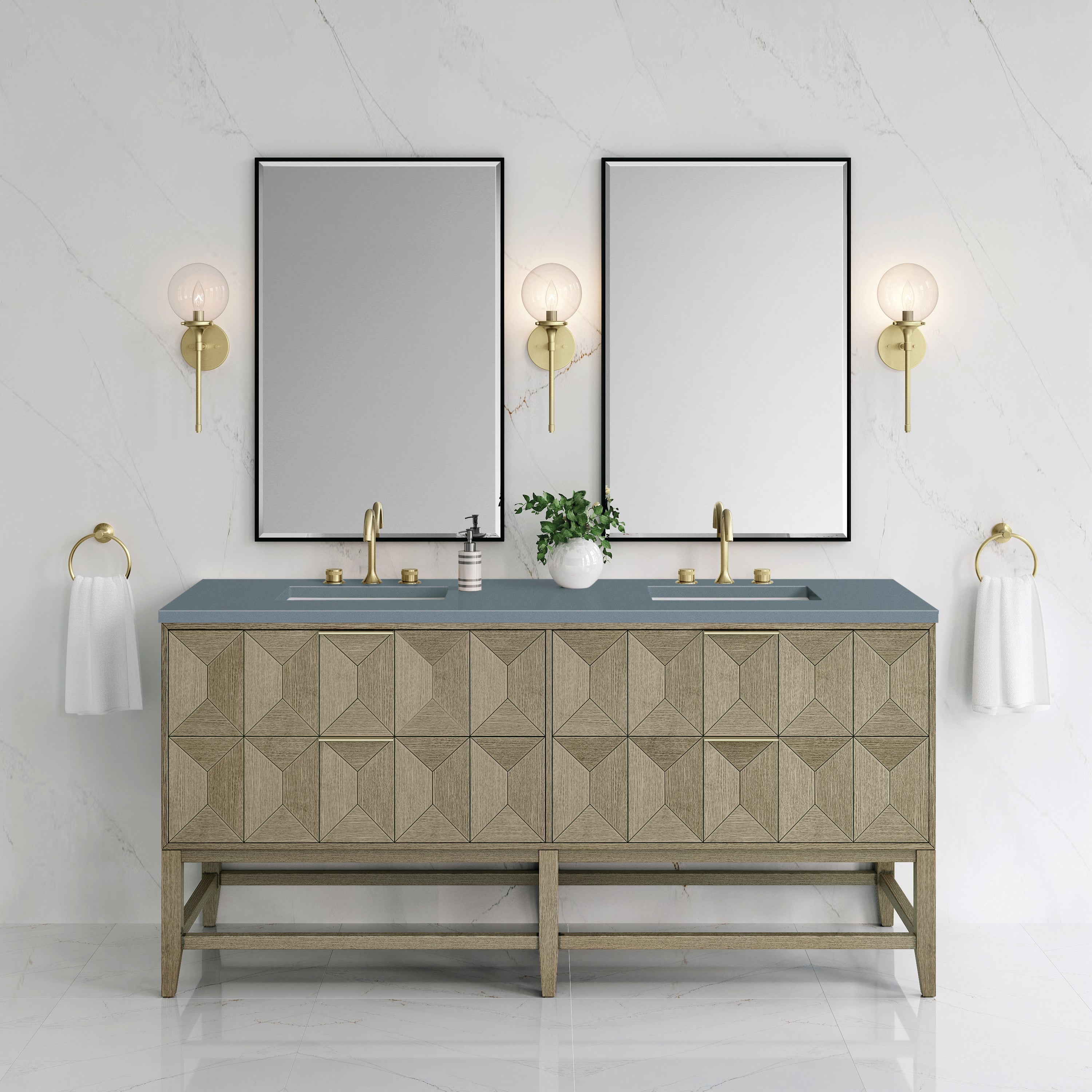 Emmeline 72 Inch Double Bathroom Vanity with Pebble Oak Finish & 3CM Cala Blue Quartz Top - Perfect for Master Bathroom Remodeling and Modern Home Decor