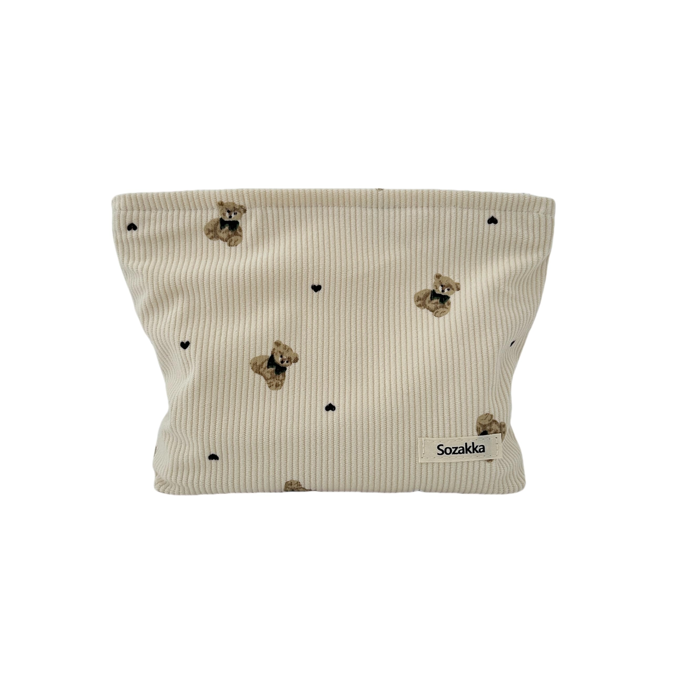 Corduroy Makeup Bag for Women - Large Cosmetic Organizer with Zipper, Cute Bear Design, Travel Makeup Pouch for Girls (Beige) | Perfect for Travel, Gym, School & Daily Essentials Storage