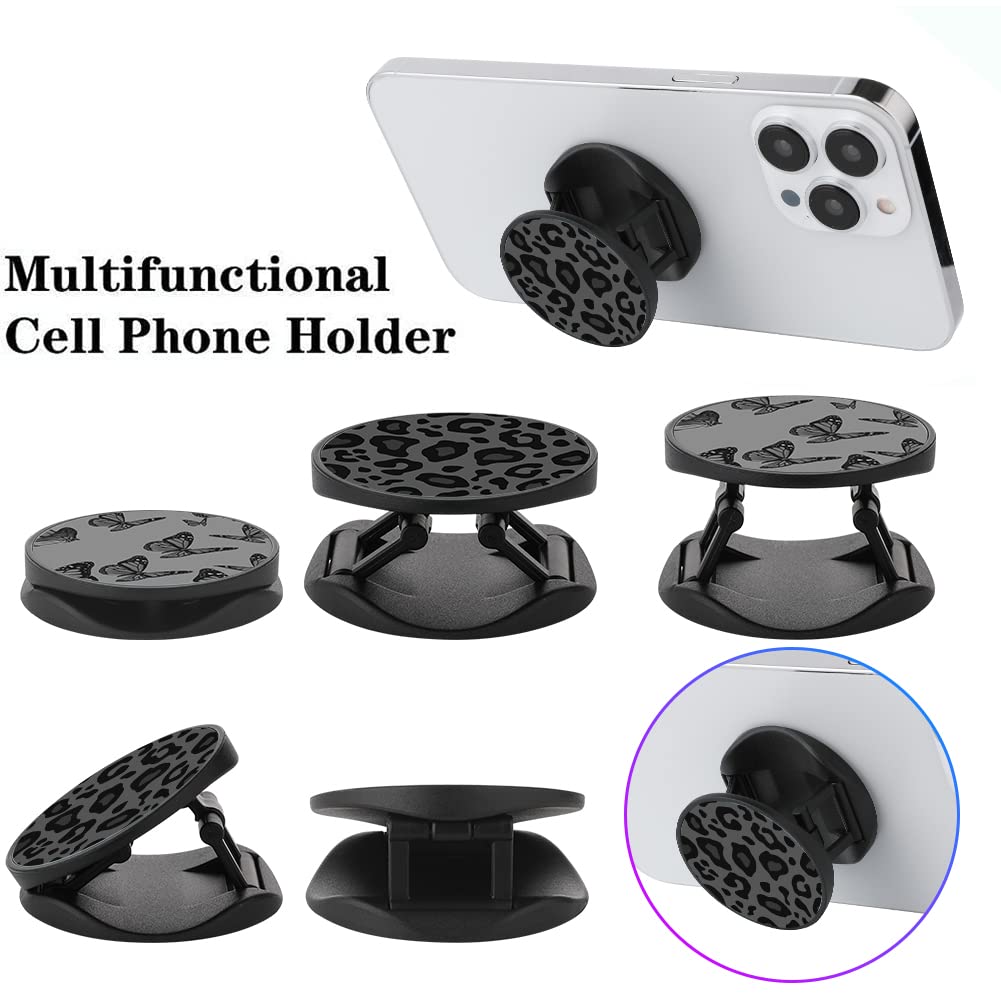 2 Pack Universal Phone Finger Stand Holder & Kickstand - Expandable Grip Compatible with Most Smartphones & Cases (Black Leopard & Butterfly) - Perfect for Watching Videos, Gaming & Hands-Free Use