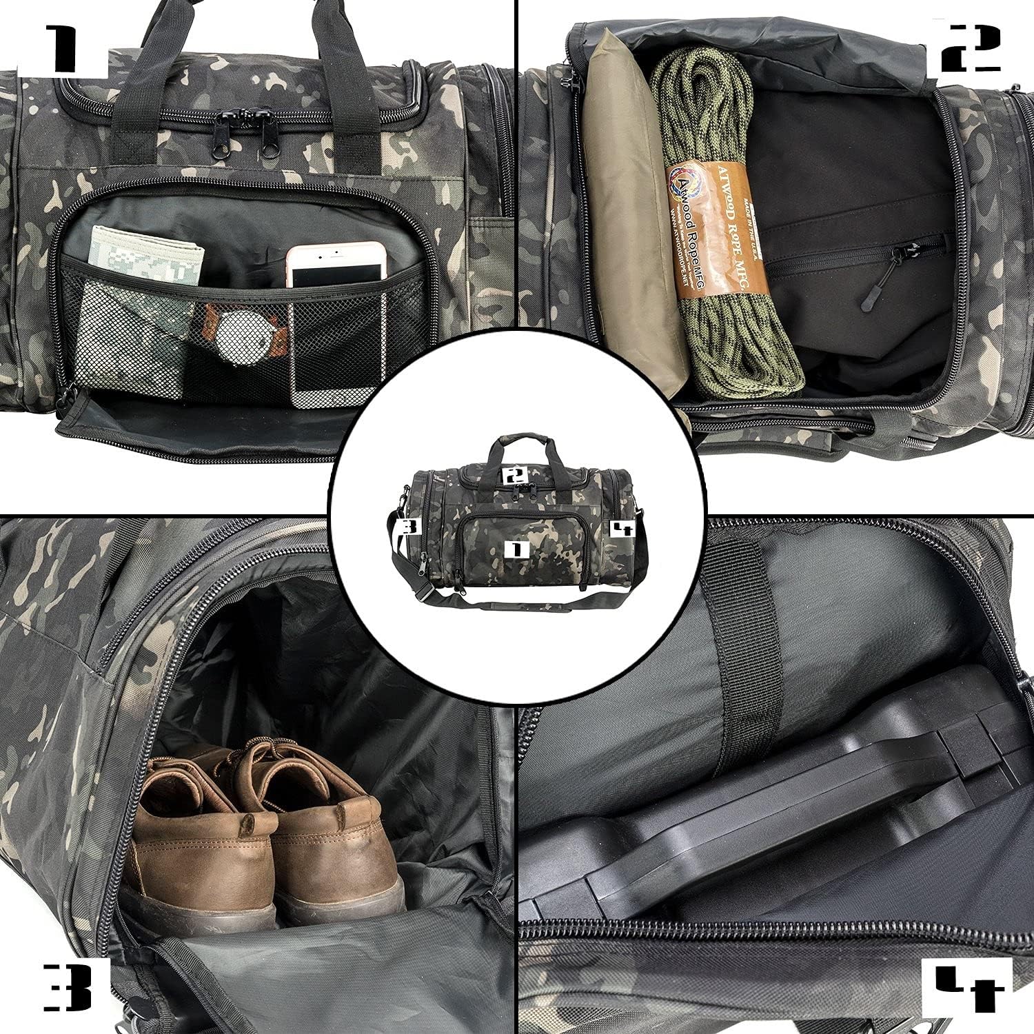 Miramrax Gym Duffle Bag for Men & Women - Large Sports Travel Bag with Shoe Compartment - Water-Resistant Carry On for Workout, Military Tactical, Weekend & Overnight Trips - Perfect for Gym, Travel & Outdoor Activities (Black Camo)