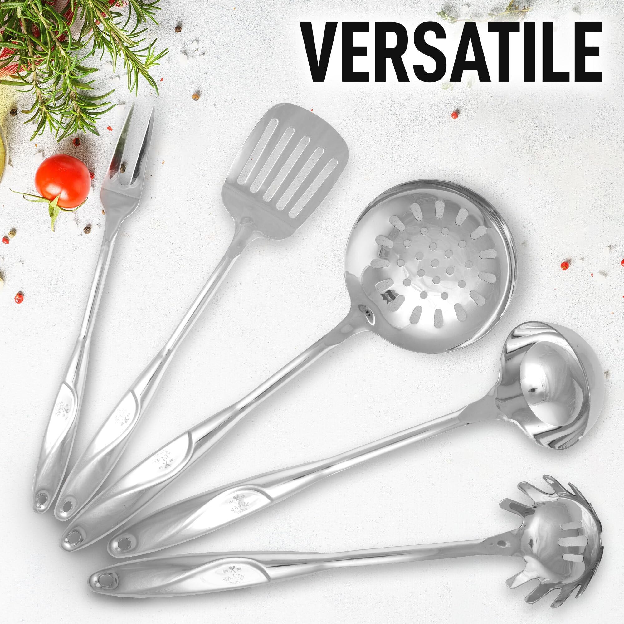 Premium 5-Piece Stainless Steel Kitchen Utensil Set - Durable Cooking Tools with Ergonomic Handles - Non-Slip Metal Spatula, Spoon, Turner & More - Perfect for Frying, Baking & Everyday Cooking - Easy to Clean Kitchen Gadgets for Home Chefs