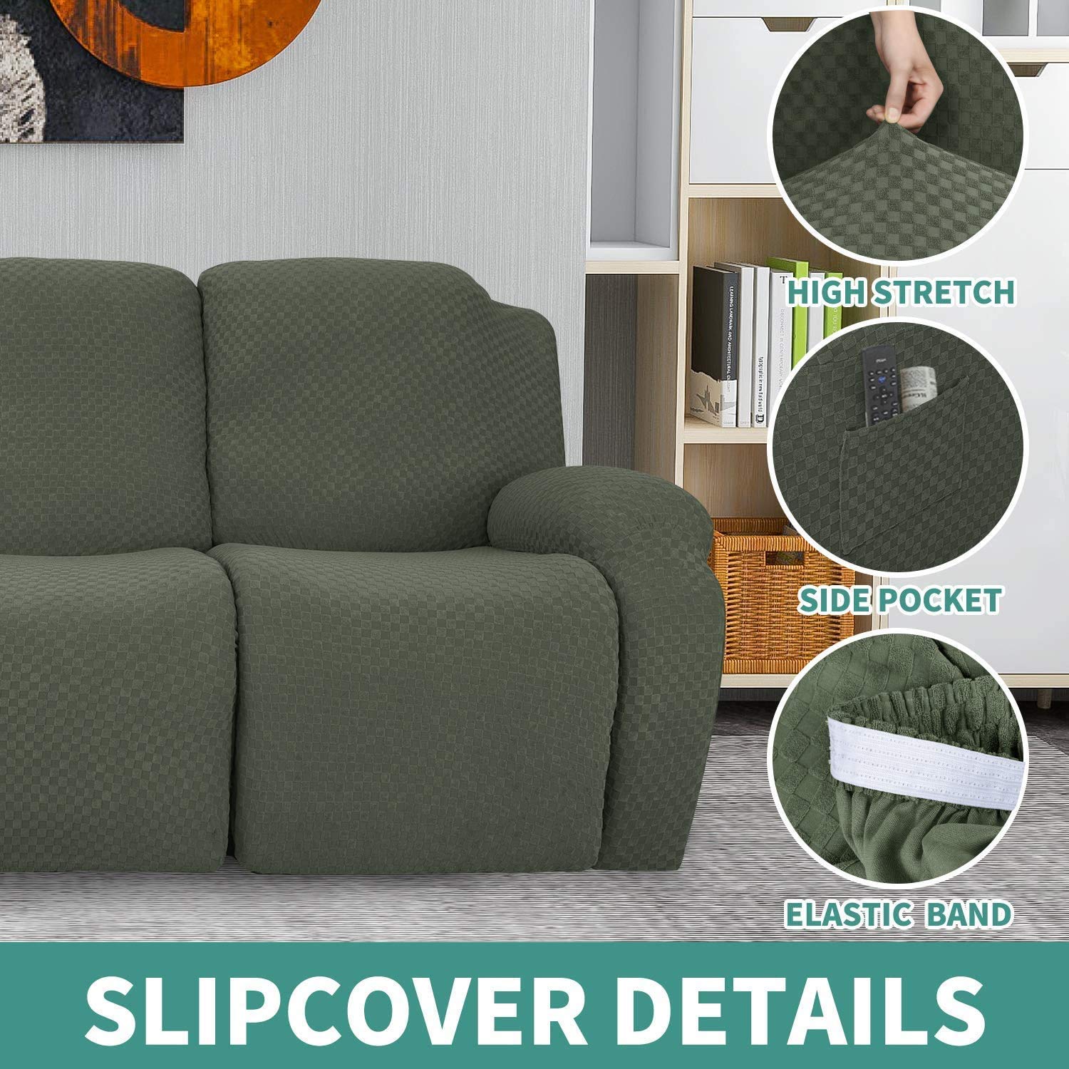 6-Piece Stretch Loveseat Recliner Slipcover - Jacquard Recliner Sofa Cover with Side Pockets & Elastic Bottom - Furniture Protector for Couches, Chairs (Army Green) - Perfect for Living Room, Family Room & Home Theater Seating Protection