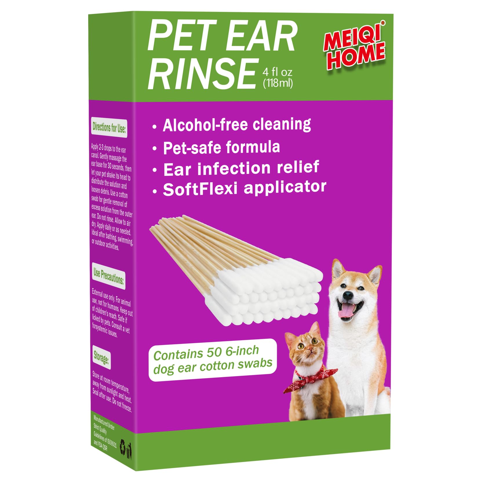 MEIQIHOME Dog & Cat Ear Cleaner - Soothes Ear Inflammation, Removes Wax & Odor - 4 Fl oz with 50 Cotton Swabs - Gentle Pet Ear Cleaning Solution for Dogs & Cats - Perfect for Regular Ear Care & Infection Prevention