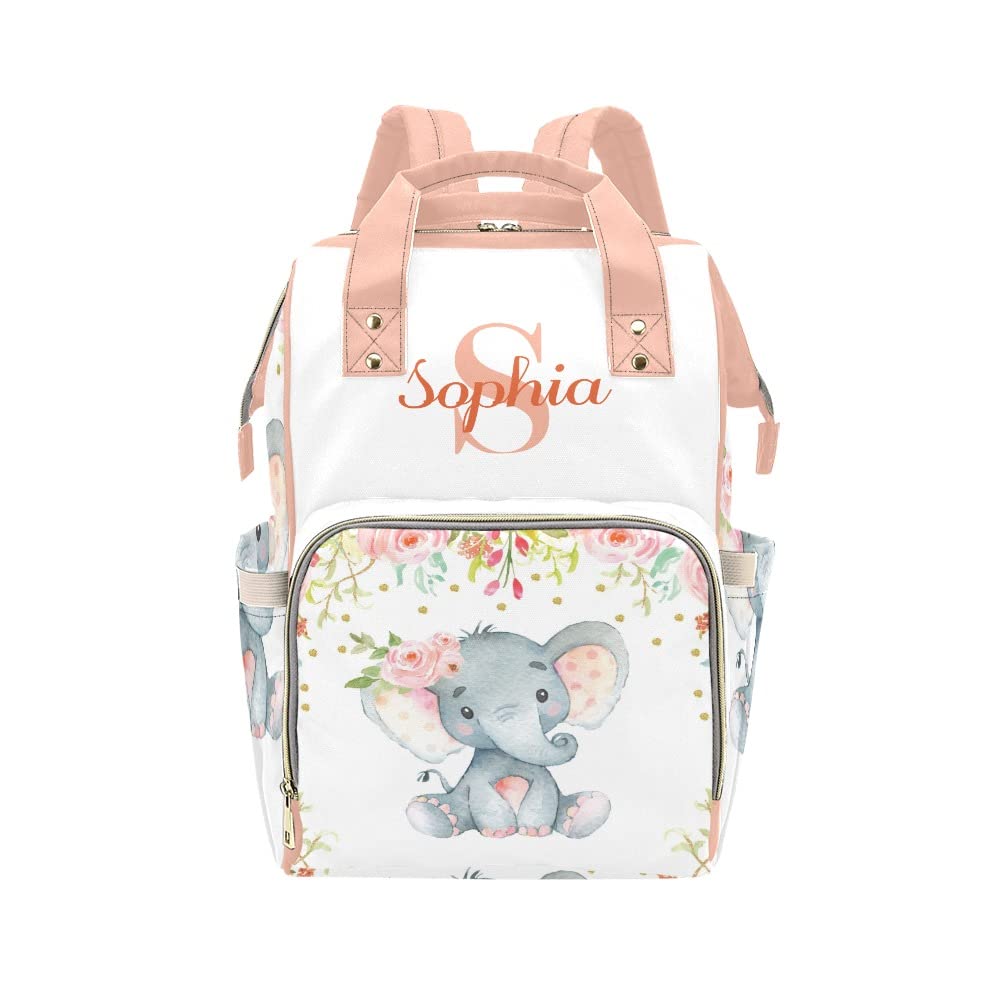 Personalized Elephant Rose Diaper Bag - Custom Name Baby Backpack for Nursing Moms, Girls Gift, Shoulder Bag & Casual Daypack (Perfect for Daycare, Travel & Everyday Use)