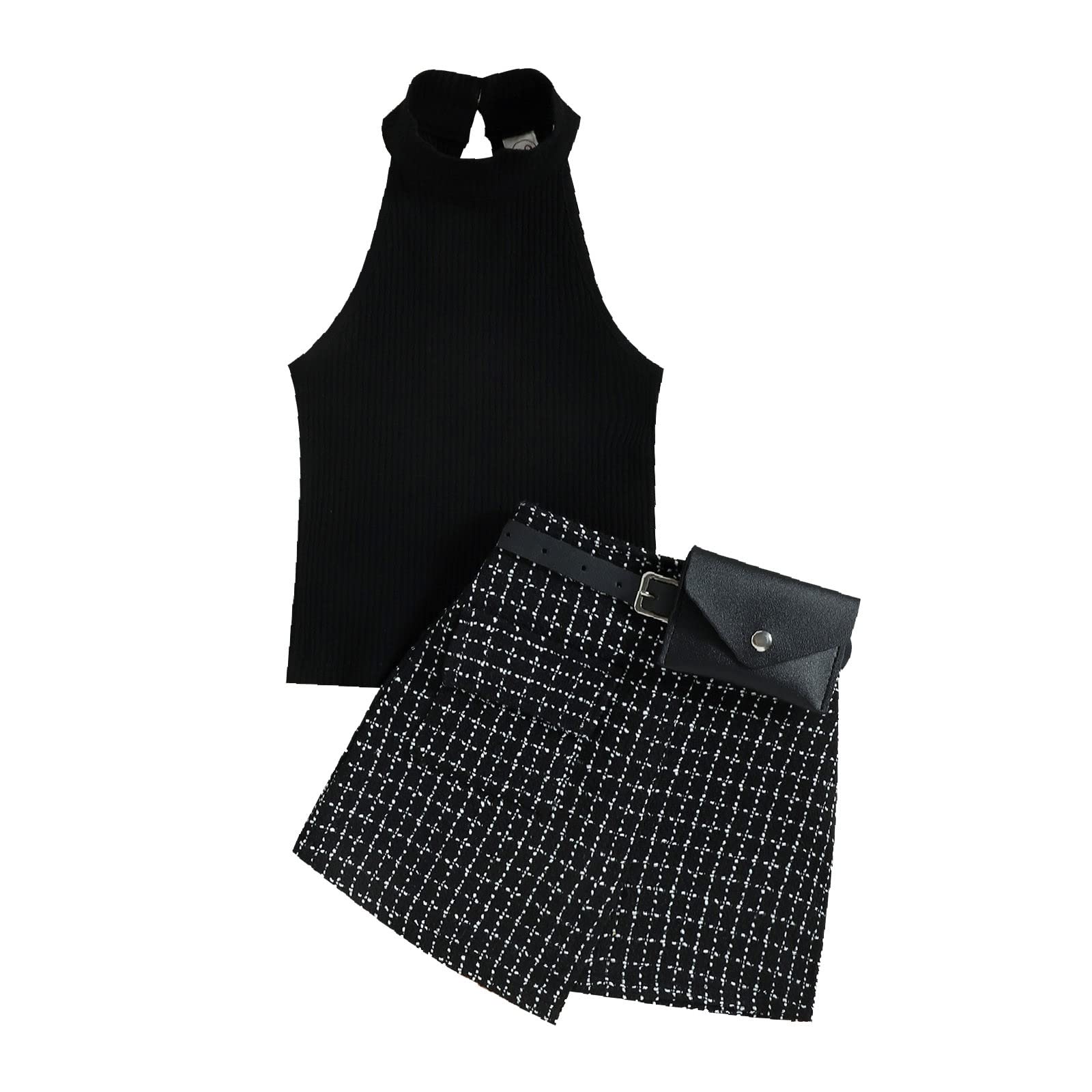 Summer Toddler Girls Outfit Set - Sleeveless Ribbed Vest Top & Plaid Skirt with Belt Waist Bag | Cute Baby Girl Clothes for Playdates, Beach Trips & Summer Photoshoots