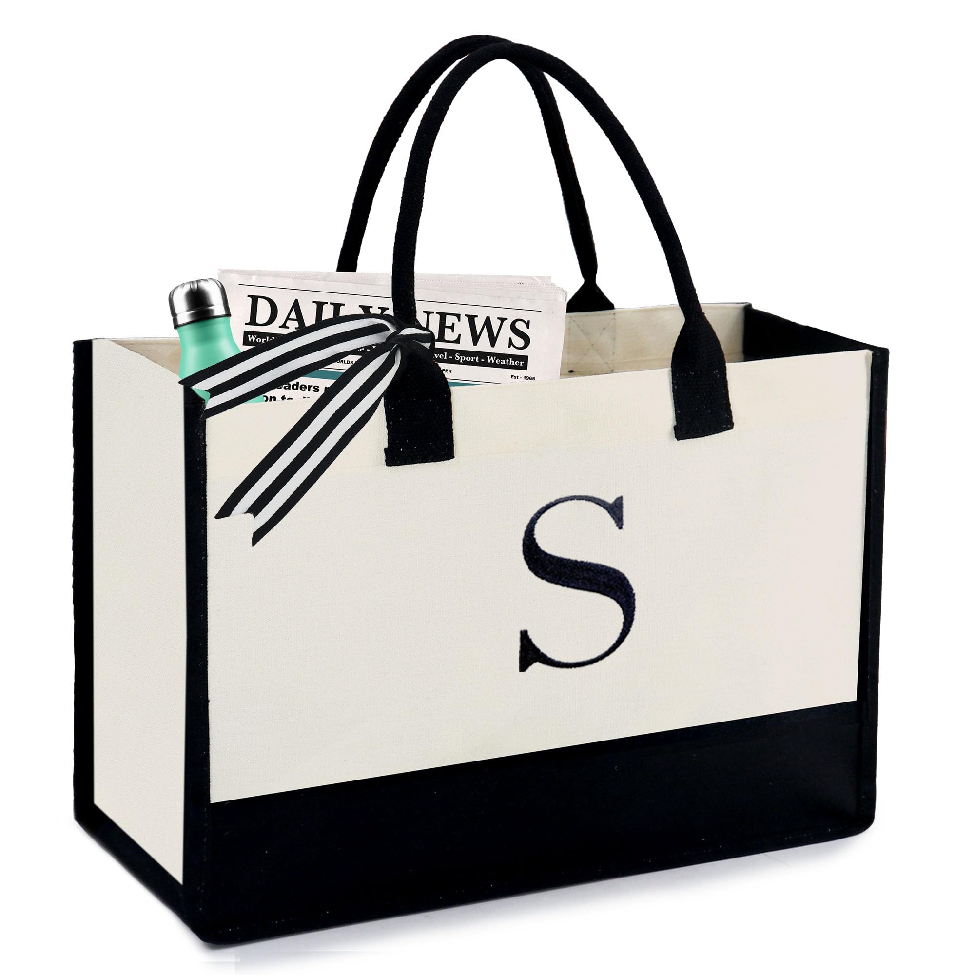 BeeGreen Personalized 13oz Canvas Tote Bag with Pocket - Custom Initial Gifts for Women, Sister, Mom, Friends & Teachers | Birthday, Mother's Day, Teacher Appreciation Gift Idea