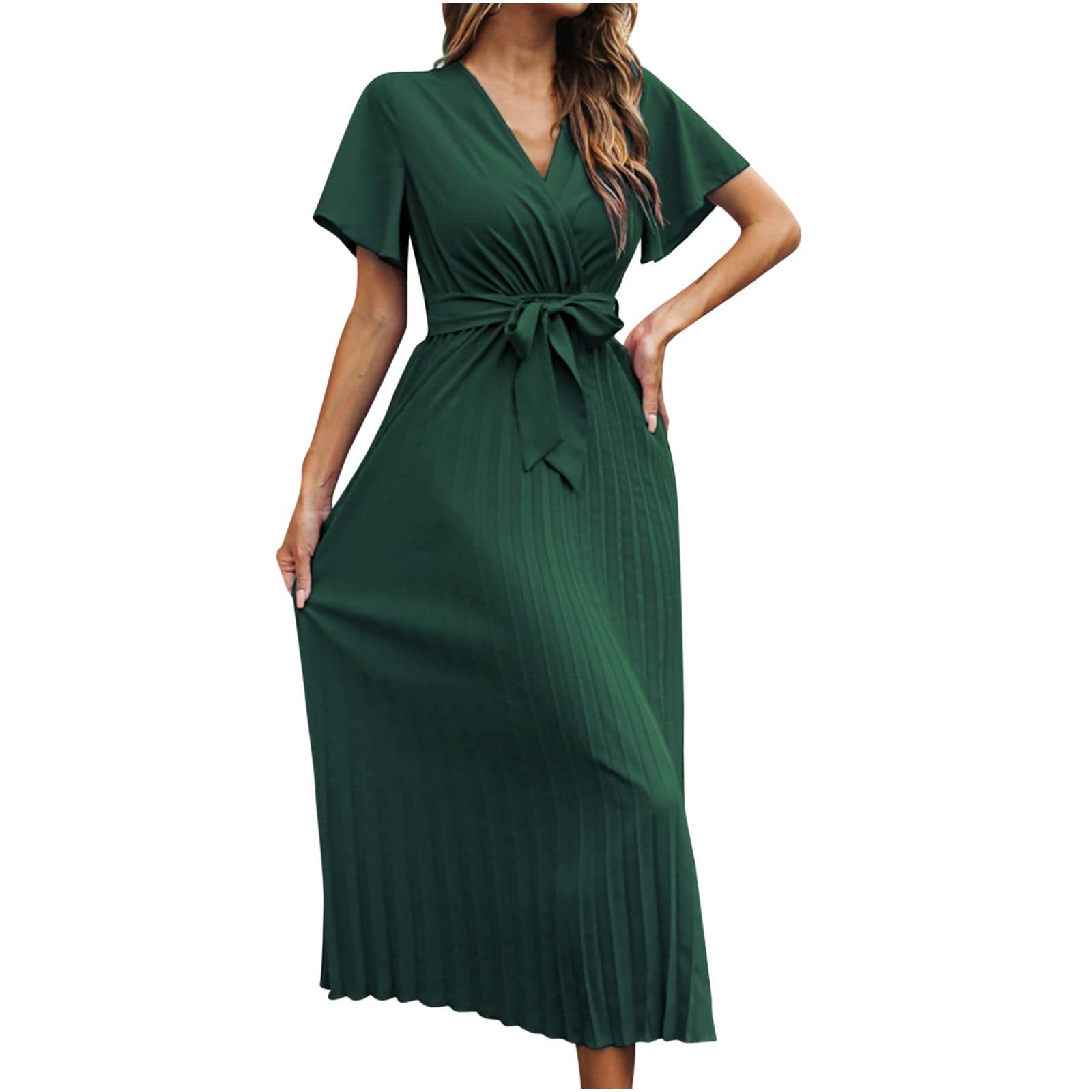 Women's Summer Sundresses 2022 - Sexy Casual Short Sleeve Ruffle Sleeve Bandage Pleated Chiffon Dress with Embroidery | Mermaid Maxi Dress for Evening Party, Beach Vacation & Date Night