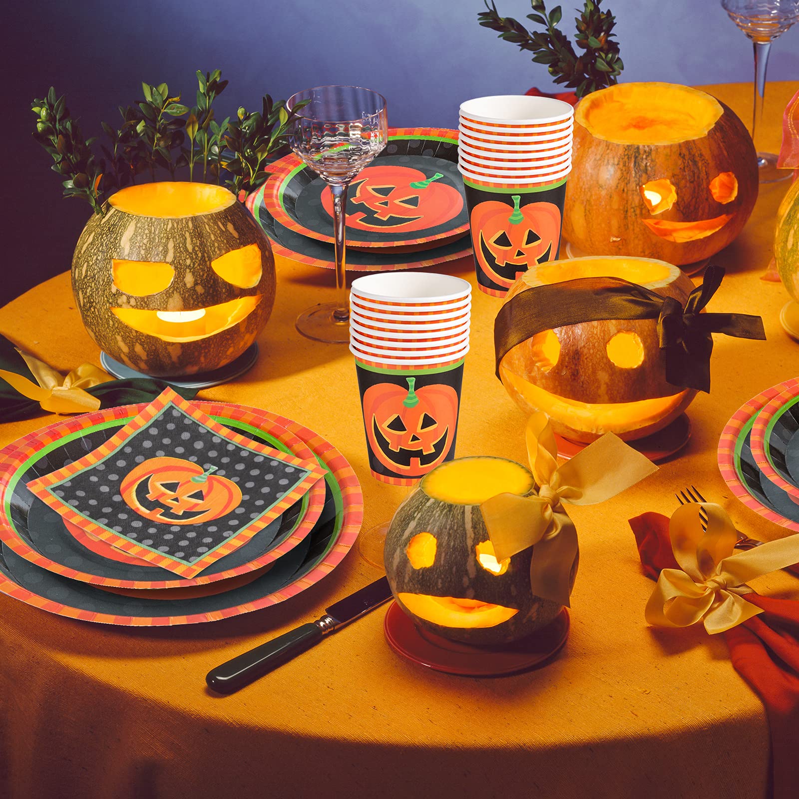 Whaline 96-Piece Halloween Party Dinnerware Set - Orange & Black Pumpkin Themed Disposable Plates, Cups, Napkins - Spooky Tableware for Halloween Parties, Birthdays, Themed Events - Serves 24 Guests - Perfect for Trick-or-Treat Gatherings, Haunted House Parties & Fall Celebrations