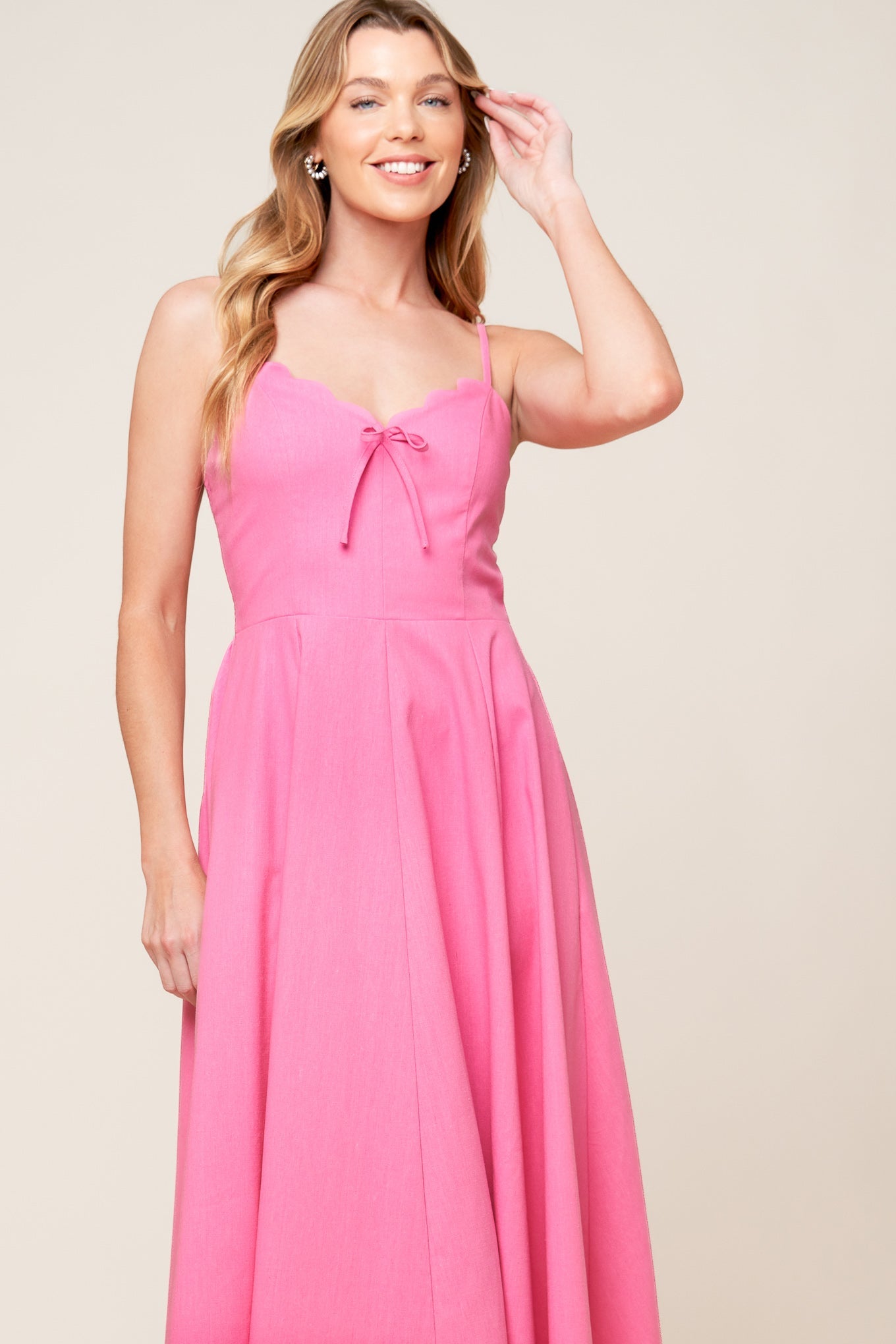 Elegant Pink Midi Dress with Center Bow - Perfect for Weddings, Parties & Special Occasions