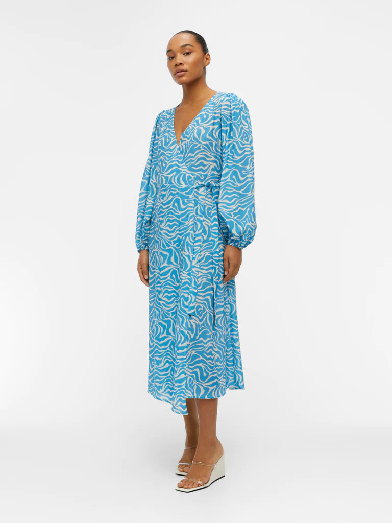 NORA Long Sleeve Midi Wrap Dress in Blue - Elegant & Comfortable for Work, Date Night & Special Occasions