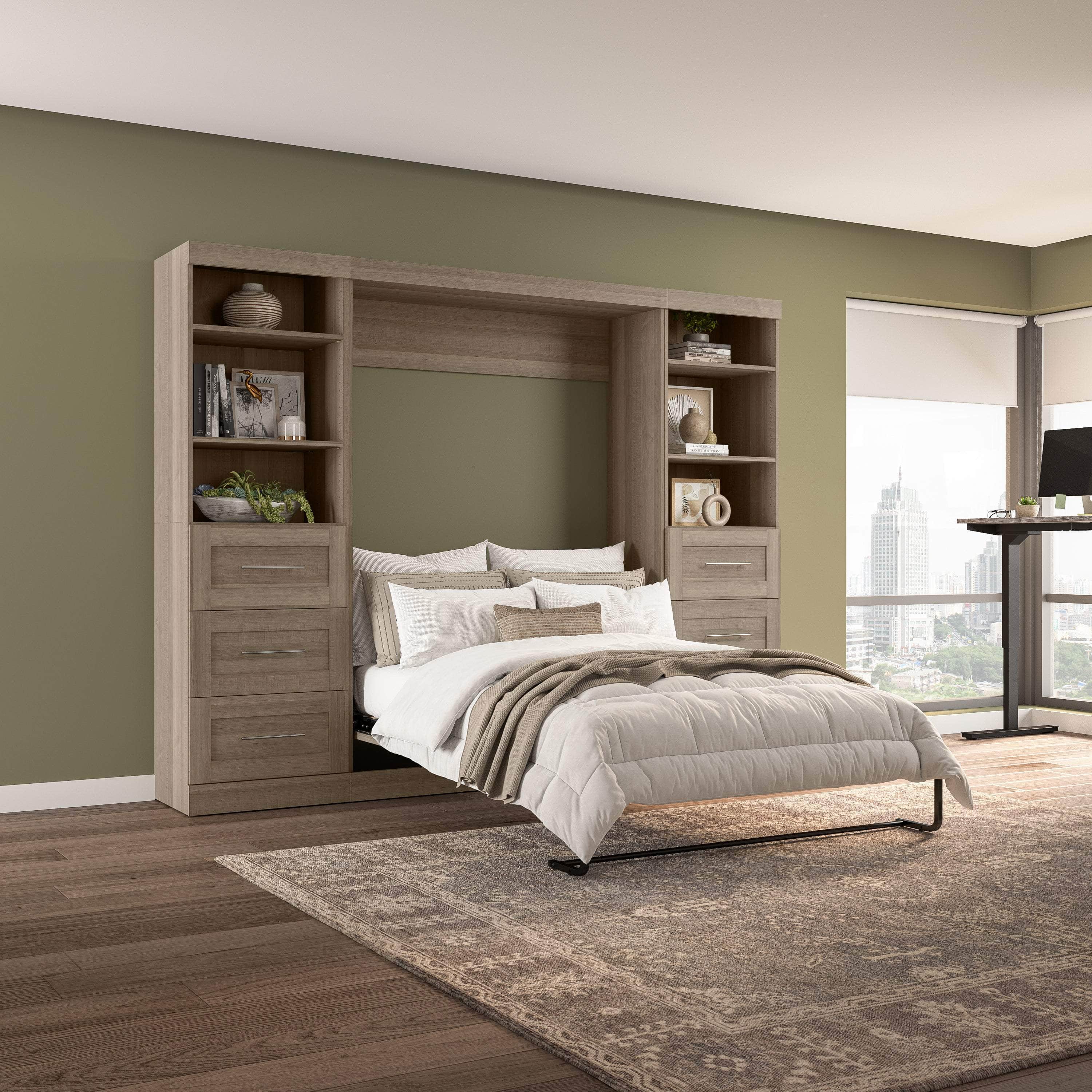 Pur Full Murphy Wall Bed with 2 Storage Units & Drawers (109W) - 7 Color Options for Space-Saving Home Office, Guest Room & Small Apartments