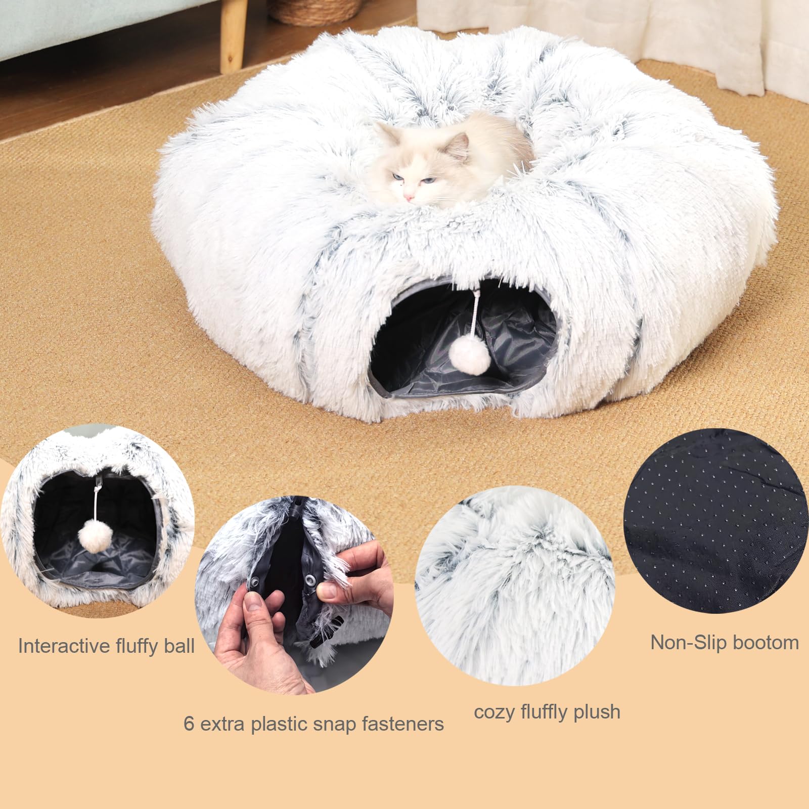 Cat Tunnel Bed for Indoor Cats - Cozy Donut Tunnel Tube Playground with Cat Toys & Balls | Peekaboo Hideaway for Kittens, Rabbits & Ferrets | Includes 6 Extra Snap Fasteners | Perfect for Playtime, Napping & Stress Relief