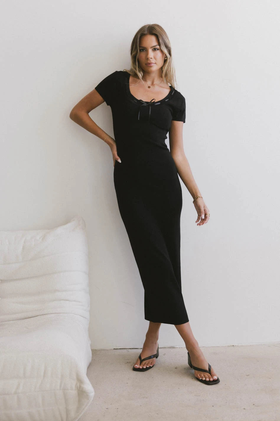 Ariah Black Ribbon Trim Sweater Dress for Women - Cozy Winter Knit Dress for Casual Outings & Holiday Parties | FINAL SALE