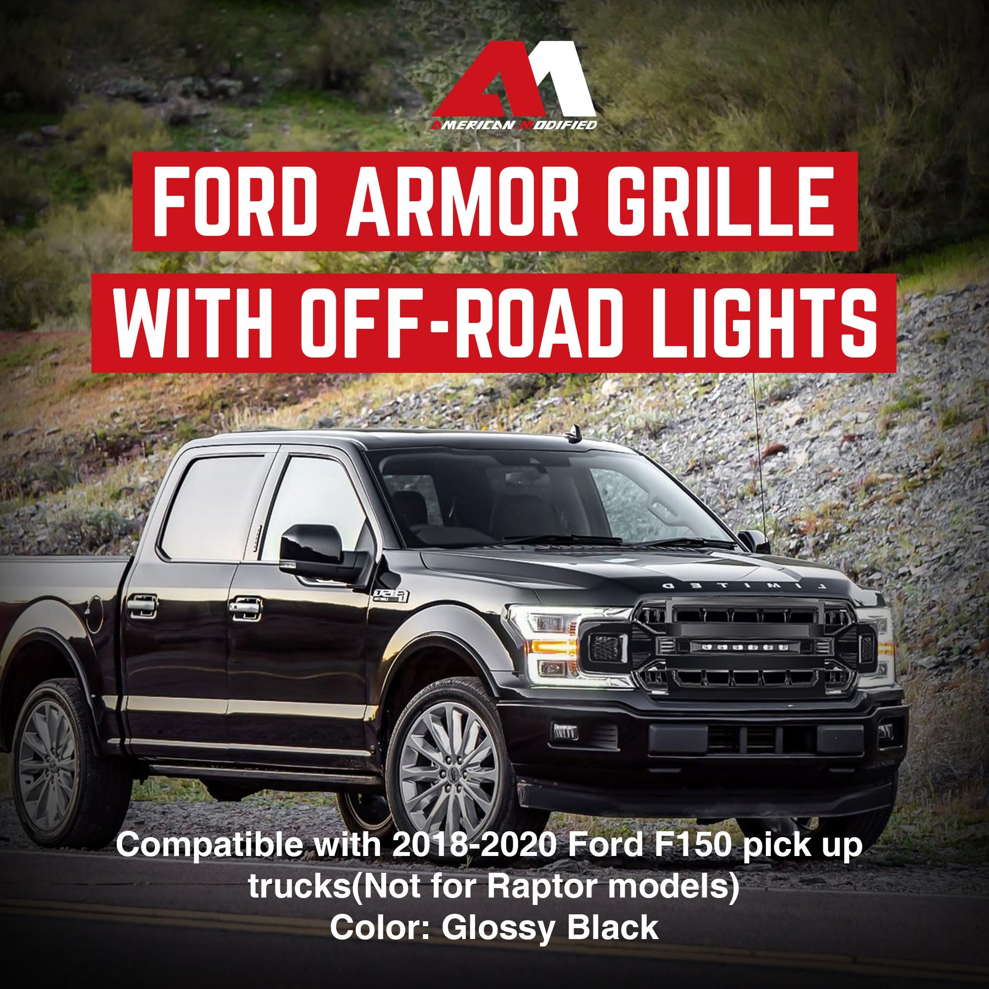 2018-2020 Ford F150 Direct Fit Replacement Front Grille with Off-Road Lights | Glossy Black Armor Grille | Perfect for Off-Roading & Truck Customization