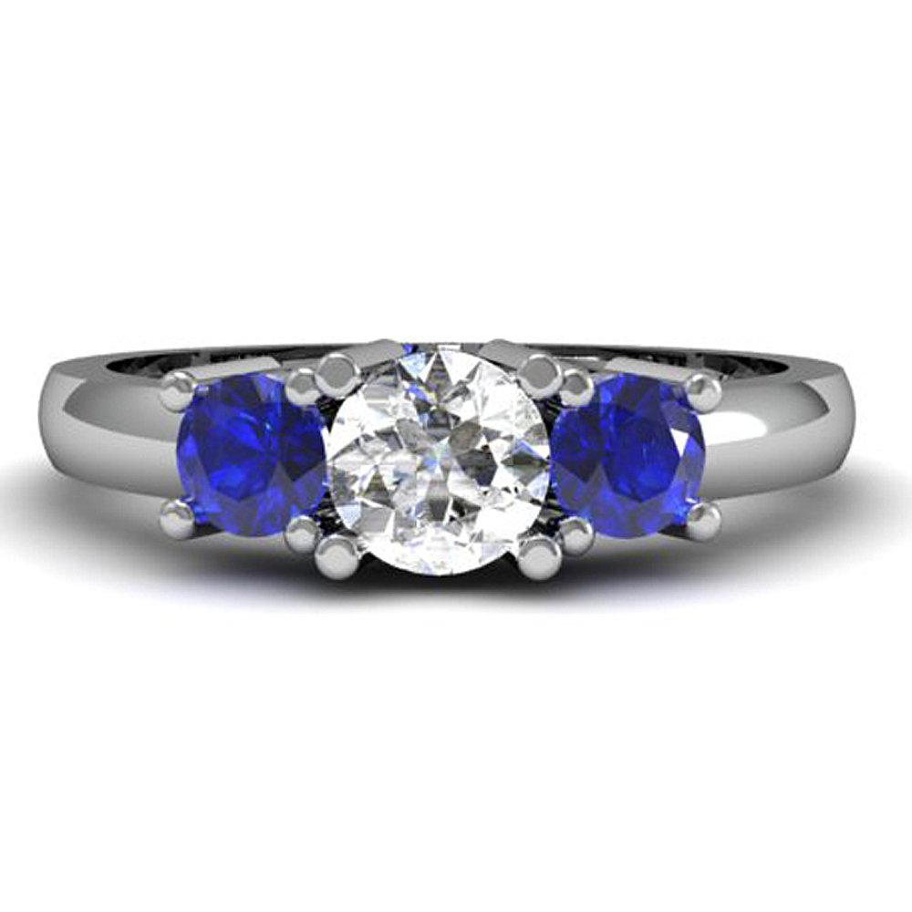 18K White Gold Round Cut White Diamond & Blue Sapphire 3-Stone Engagement Ring for Women – Dazzlingrock Collection | Perfect for Proposals, Anniversaries, and Special Occasions