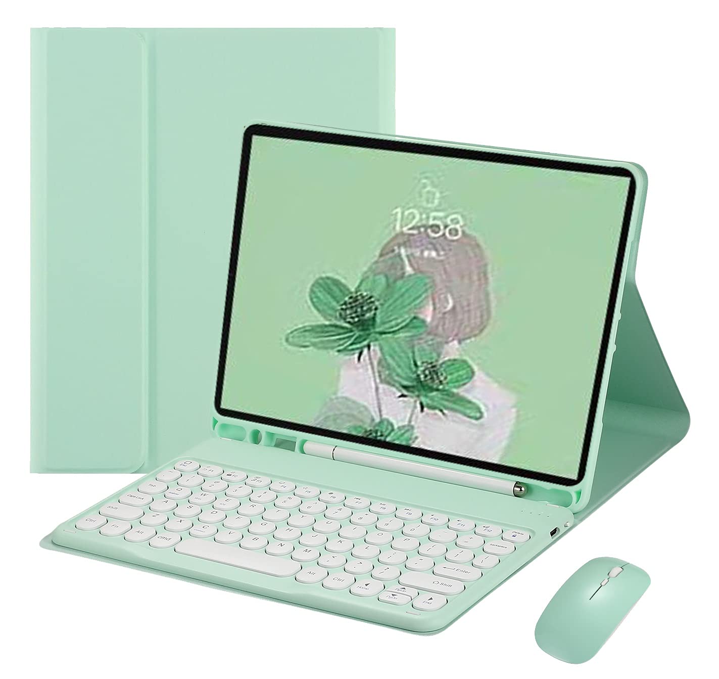 **iPad 9th/8th/7th Gen & Air 3/Pro 10.5 Keyboard Case with Mouse - Detachable Retro Round Key Cute Candy Colors Cover (Mint Green) for Work, Study & Travel**