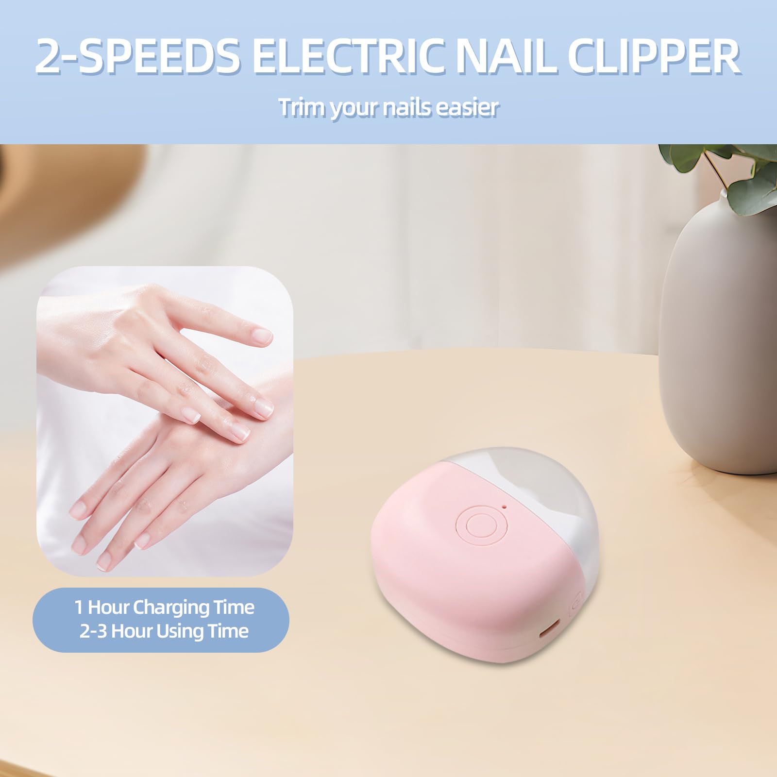 Electric Nail Clippers for Adults & Kids - Cordless Rechargeable Automatic Nail Trimmer with LED Light, 2 Speed Settings - Safe Fingernail & Toenail Cutter for Home, Travel & Elderly Care (Pink)