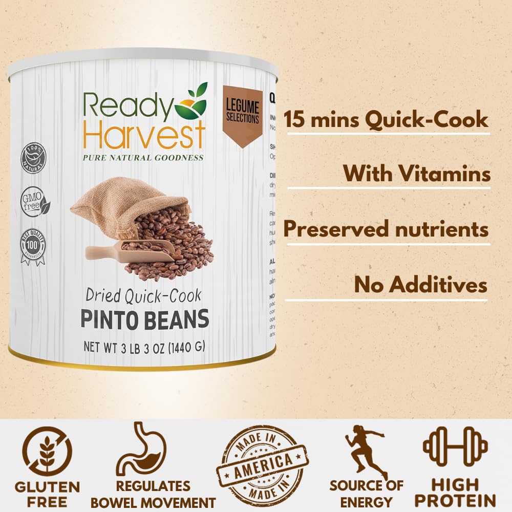 Ready Harvest Quick-Cook Pinto Beans - 3 lbs Dried & Canned Beans | Emergency Food Supply with 25-Year Shelf Life | Perfect for Camping, Prepping & Survival Kits
