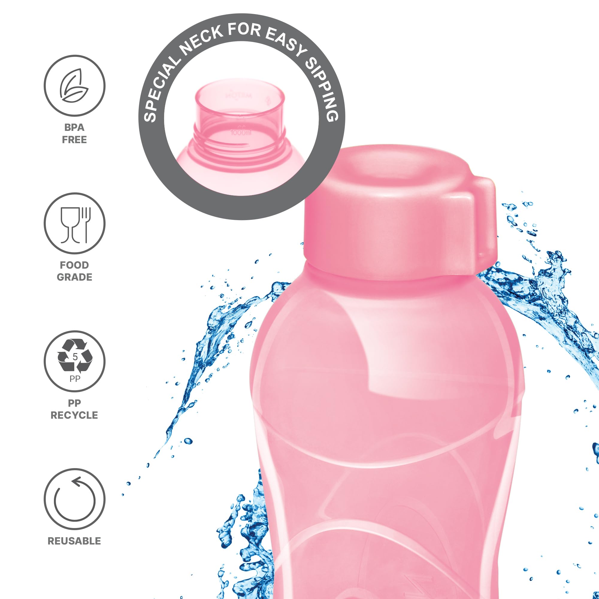 MILTON I Go Plastic Water Bottle 1000ml - BPA Free Reusable Water Bottle for Sports, Gym, Hiking, Travel & Daily Use | Leak Proof Pink Water Bottle for Home, Office & Outdoor Activities