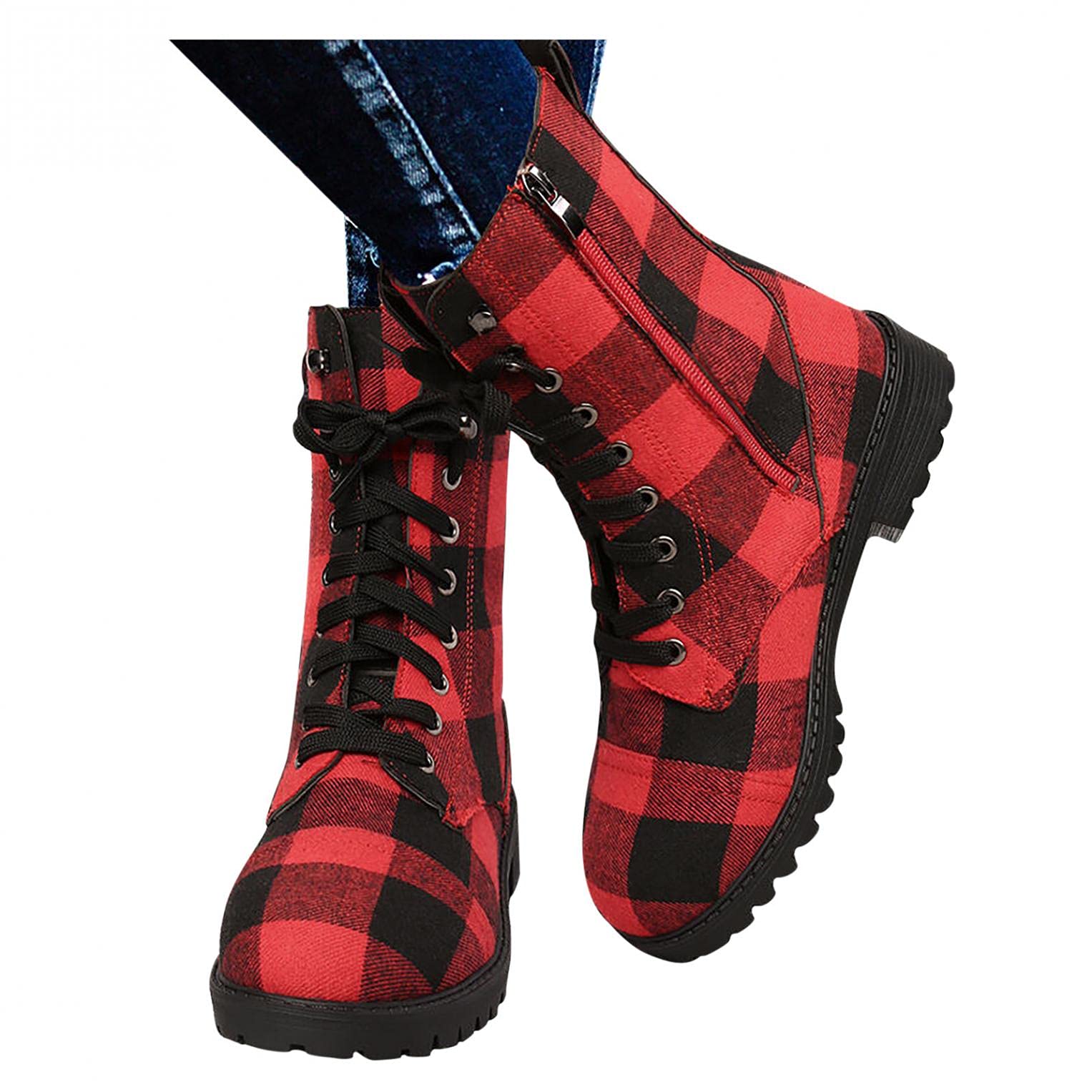 Hbeylia Women's Plaid Combat Boots - Red Black Checked Fashion Ankle Boots with Side Zipper | Chunky Block Heel Lace-Up Booties for Casual Wear, Christmas Parties & Holiday Outfits
